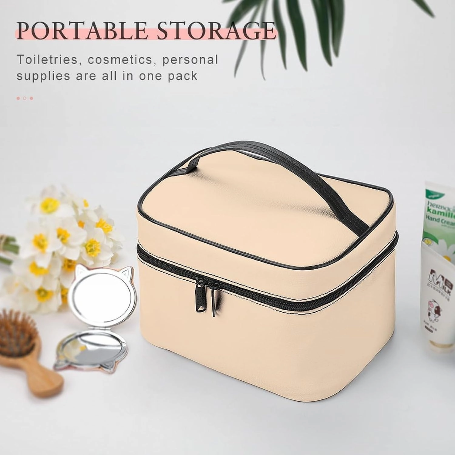Travel Makeup Bag, Beige Cream Solid Trend Color Cosmetic Bags for Women Large Capacity Waterproof Toiletry Bag Make up Organizer