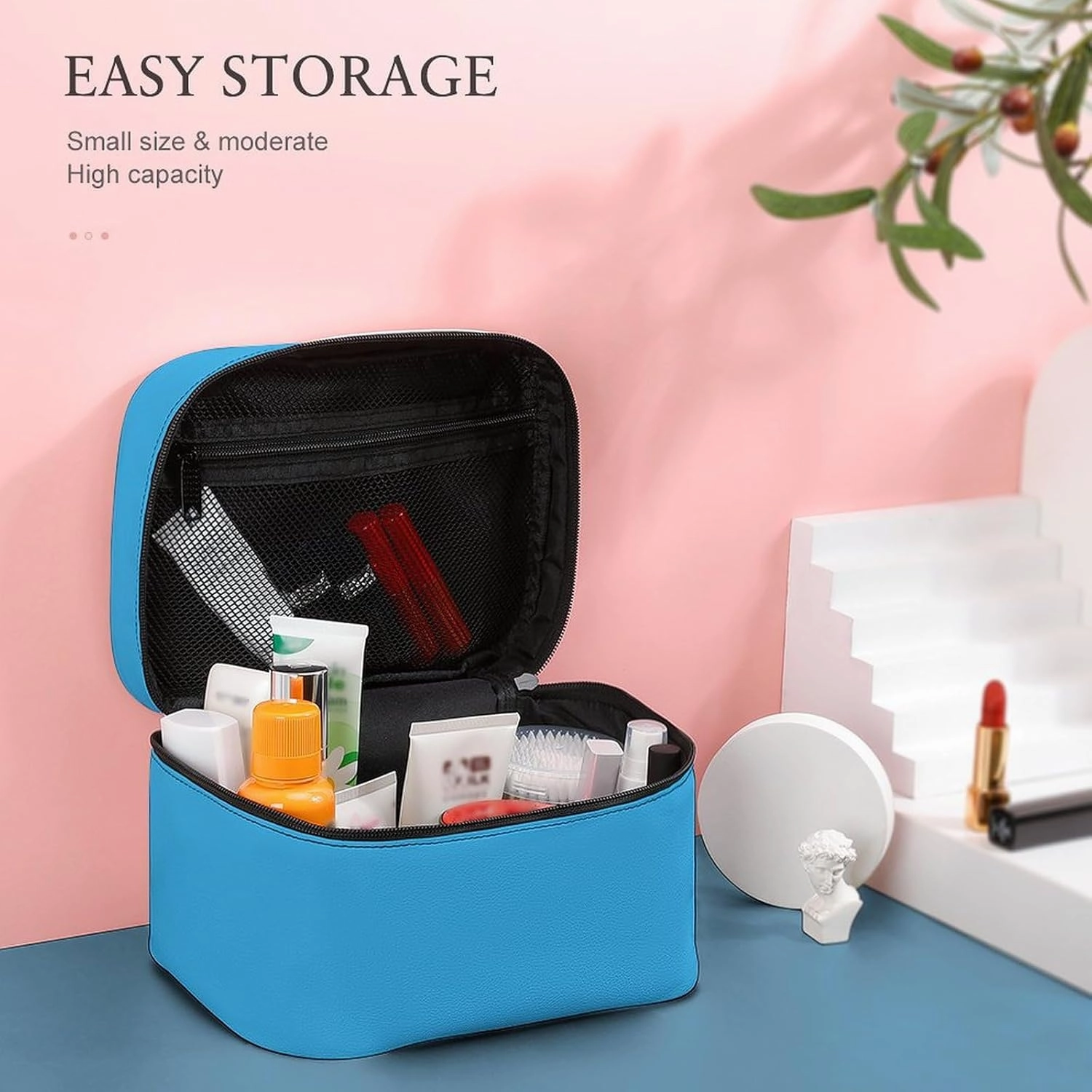 Travel Makeup Bag, Blue Modern Trendy Stylish Cosmetic Bags for Women Large Capacity Waterproof Toiletry Bag Make up Organizer