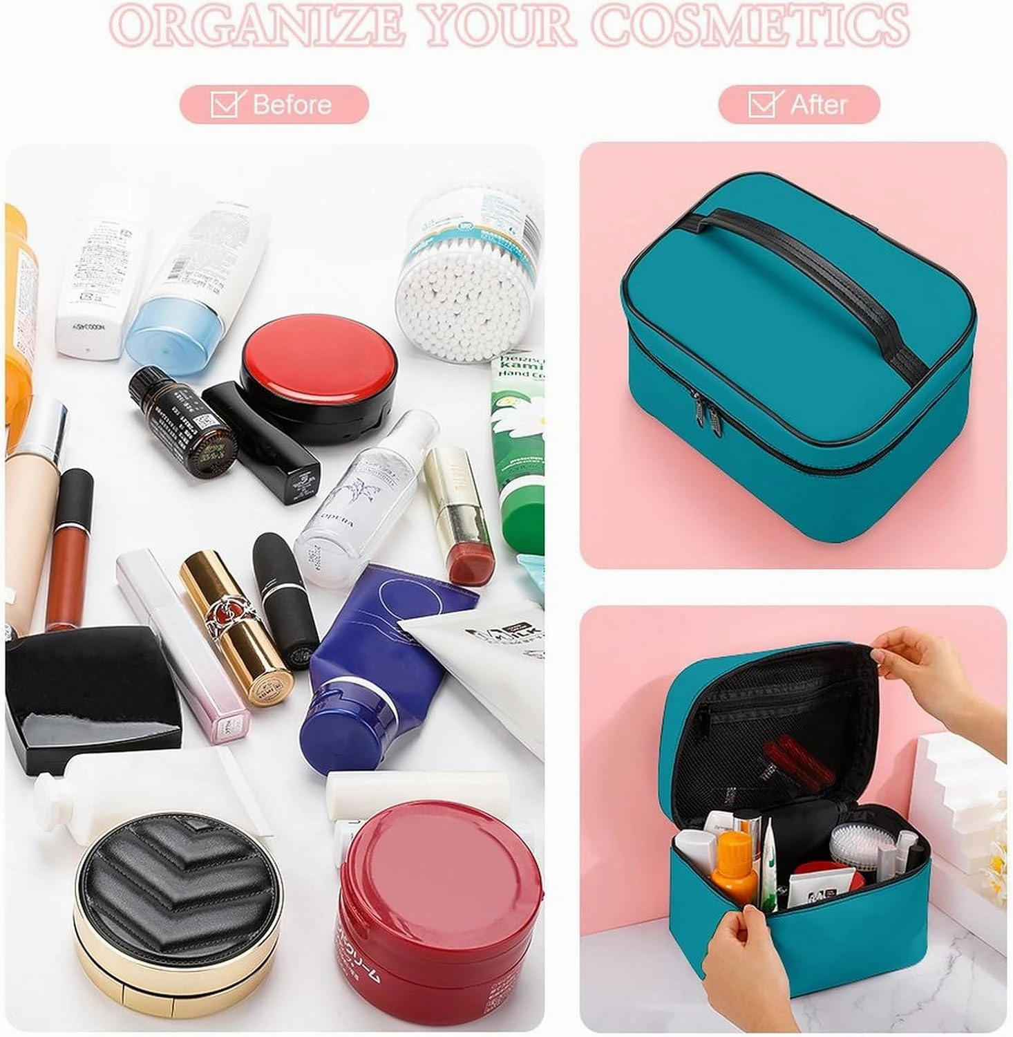 Travel Makeup Bag, Blue Personalized Aqua Teal Color Cosmetic Bags for Women Large Capacity Waterproof Toiletry Bag Make up Organizer