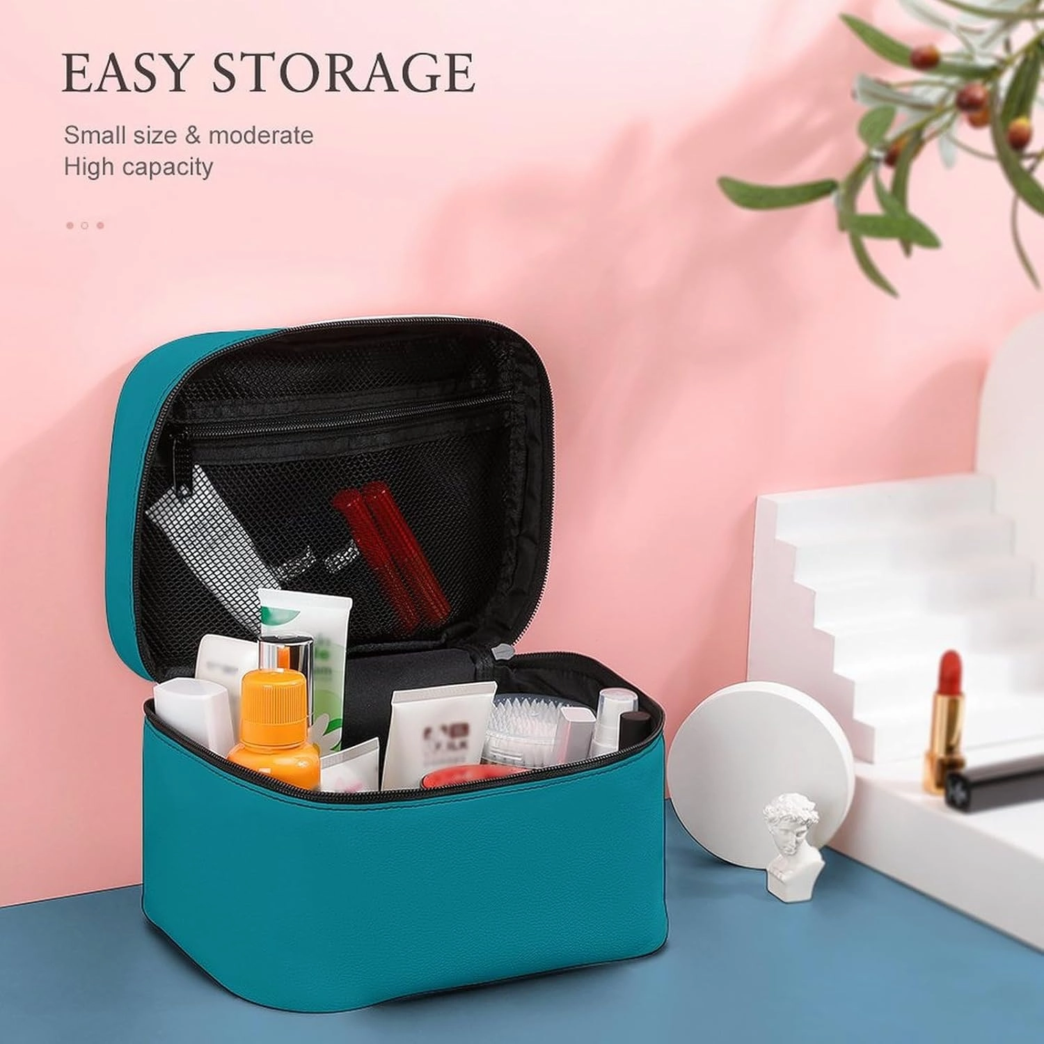 Travel Makeup Bag, Blue Personalized Aqua Teal Color Cosmetic Bags for Women Large Capacity Waterproof Toiletry Bag Make up Organizer