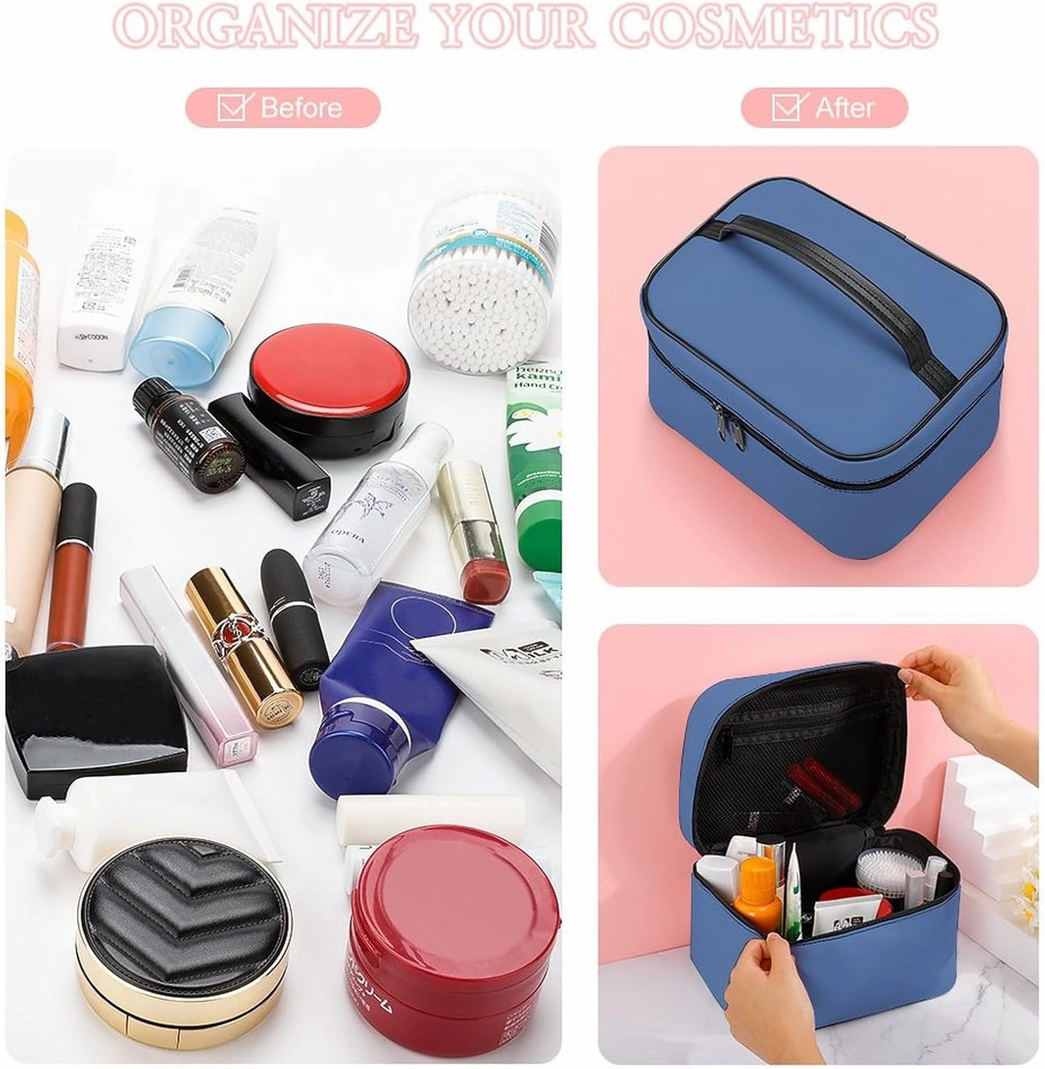 Travel Makeup Bag, Blue (Solid Color) Cosmetic Bags for Women Large Capacity Waterproof Toiletry Bag Make up Organizer