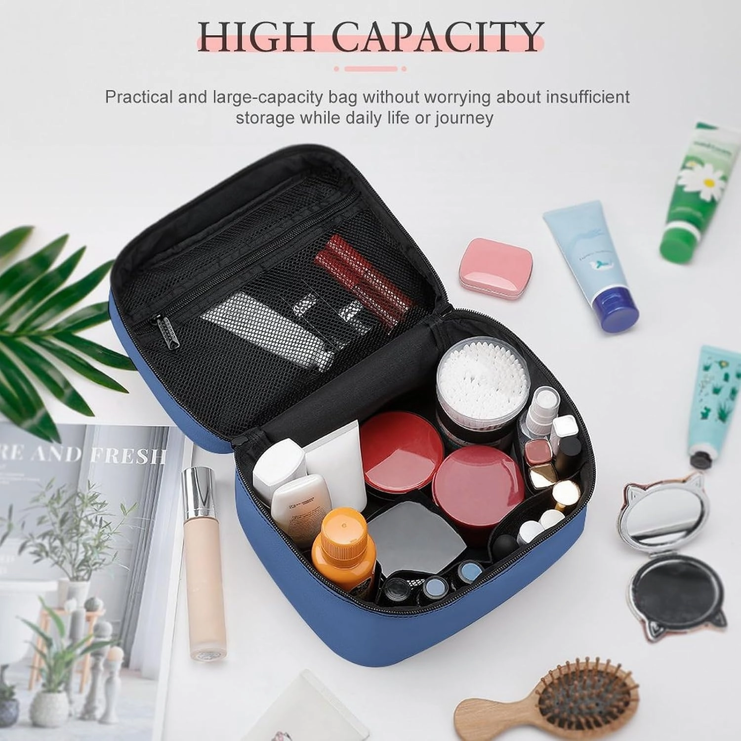 Travel Makeup Bag, Blue (Solid Color) Cosmetic Bags for Women Large Capacity Waterproof Toiletry Bag Make up Organizer