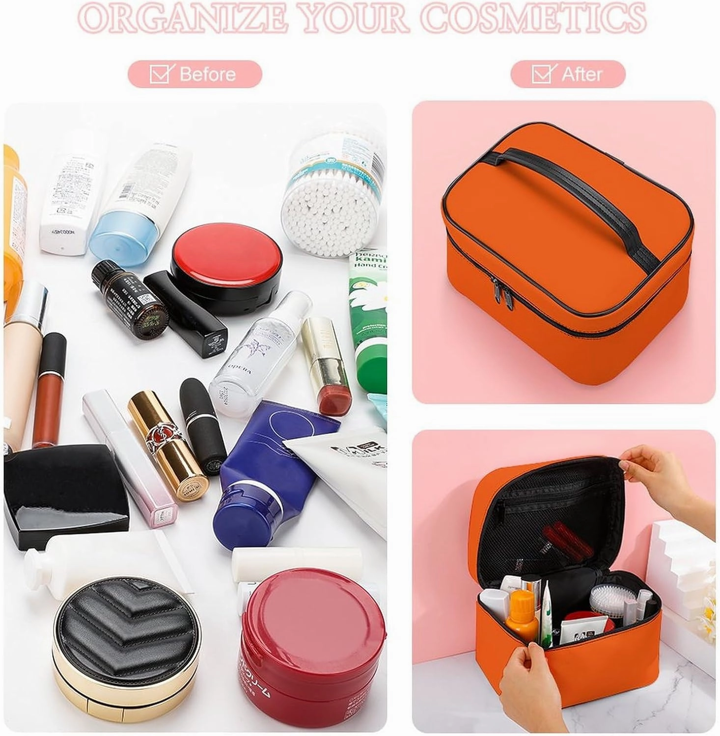 Travel Makeup Bag, Bright Orange Cosmetic Bags for Women Large Capacity Waterproof Toiletry Bag Make up Organizer