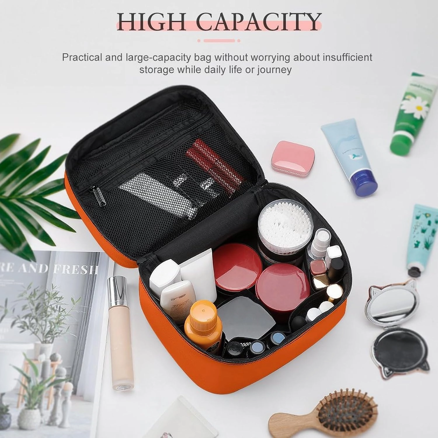 Travel Makeup Bag, Bright Orange Cosmetic Bags for Women Large Capacity Waterproof Toiletry Bag Make up Organizer