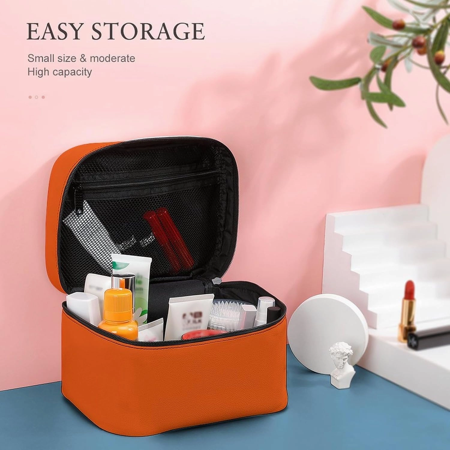 Travel Makeup Bag, Bright Orange Cosmetic Bags for Women Large Capacity Waterproof Toiletry Bag Make up Organizer