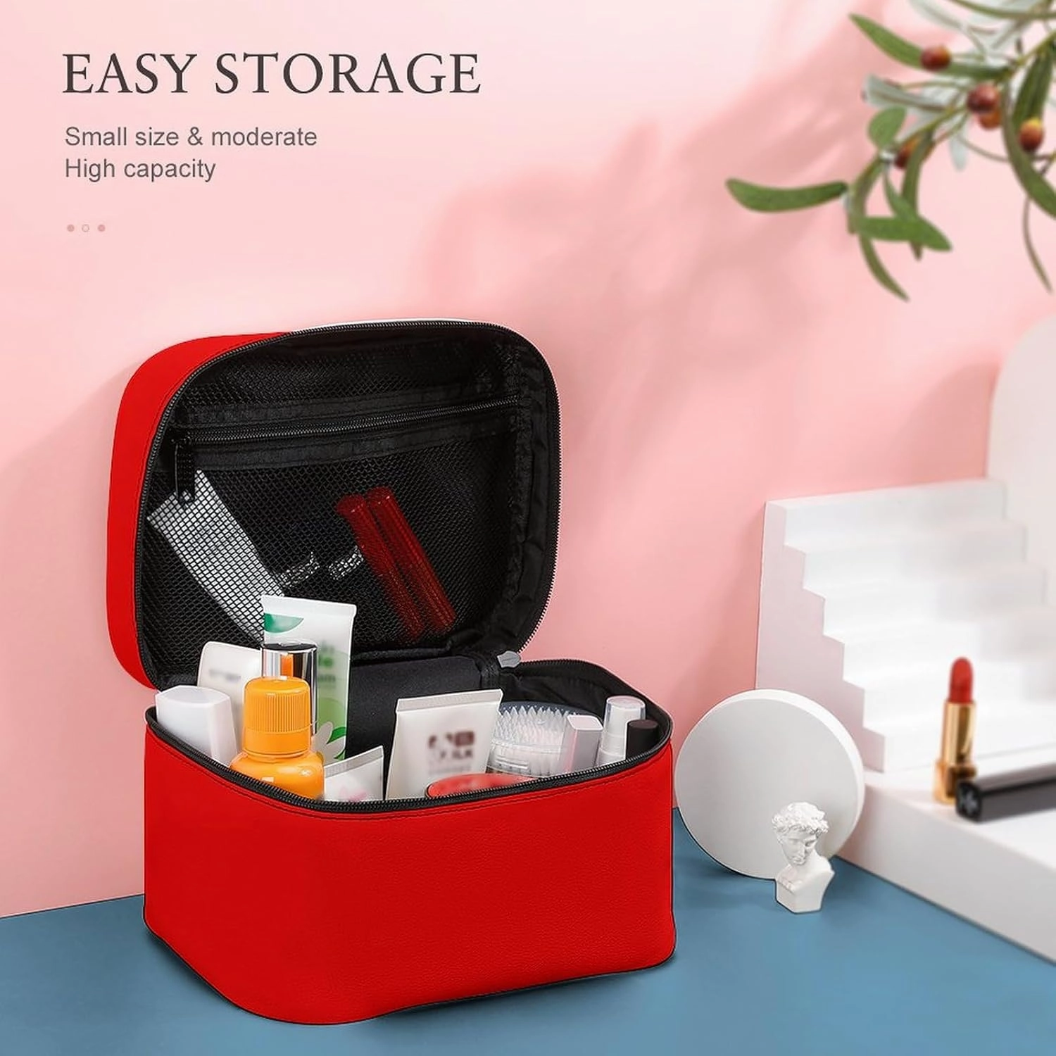 Travel Makeup Bag, Bright Red Cosmetic Bags for Women Large Capacity Waterproof Toiletry Bag Make up Organizer