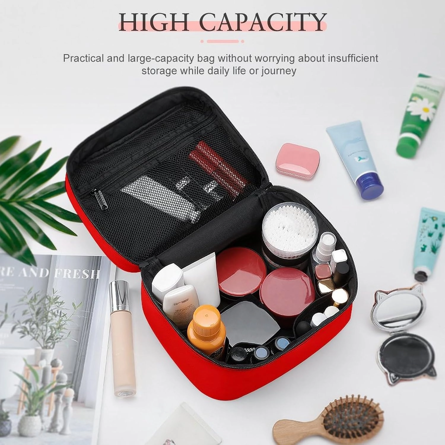 Travel Makeup Bag, Bright Red Cosmetic Bags for Women Large Capacity Waterproof Toiletry Bag Make up Organizer