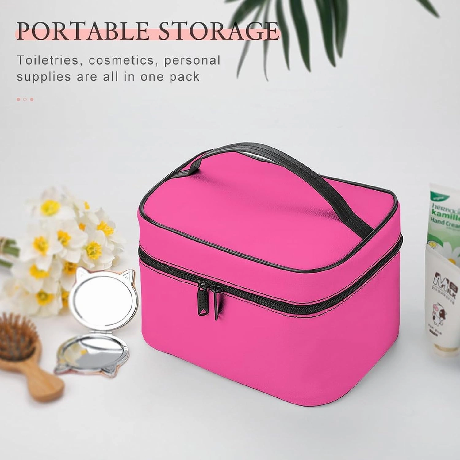 Travel Makeup Bag, Brilliant Rose (Solid Color) Cosmetic Bags for Women Large Capacity Waterproof Toiletry Bag Make up Organizer