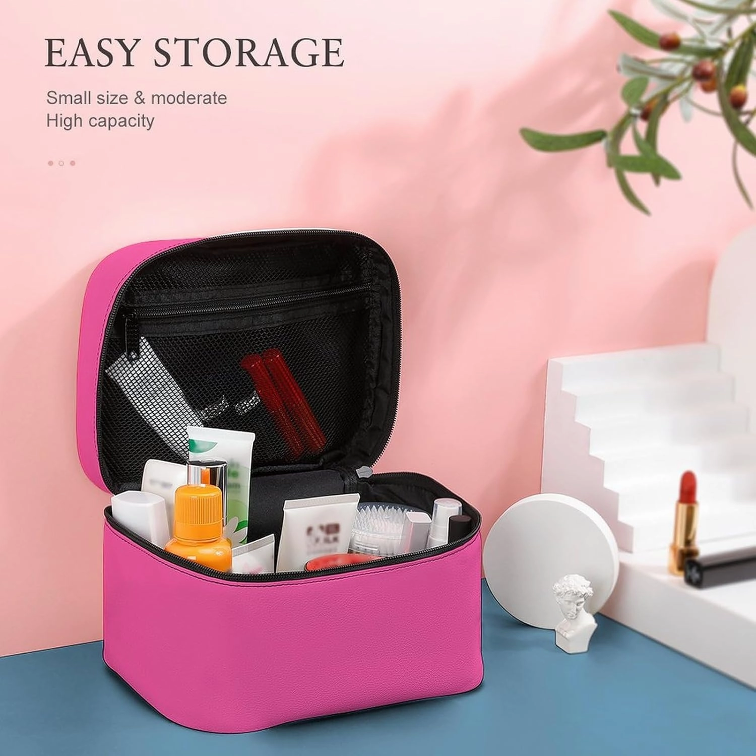 Travel Makeup Bag, Brilliant Rose (Solid Color) Cosmetic Bags for Women Large Capacity Waterproof Toiletry Bag Make up Organizer