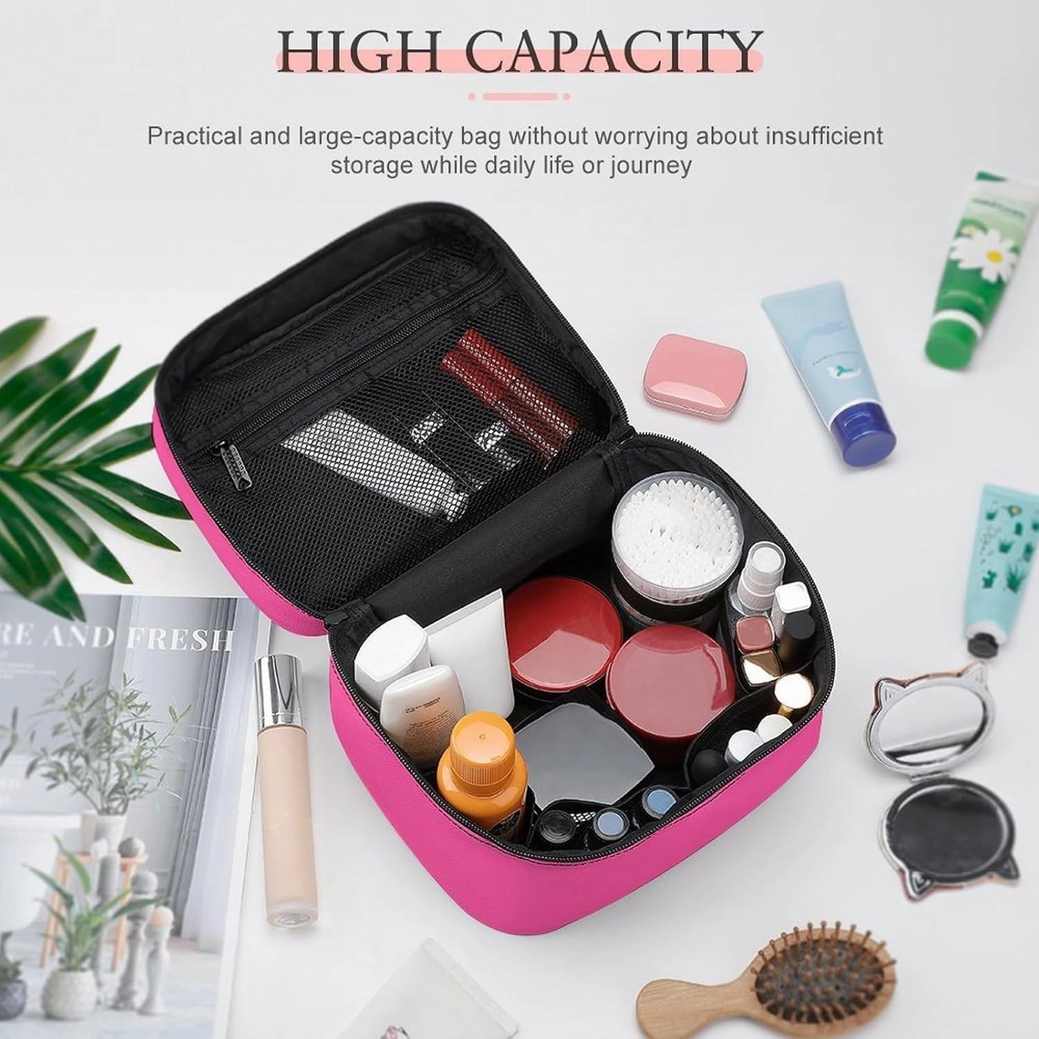 Travel Makeup Bag, Brilliant Rose (Solid Color) Cosmetic Bags for Women Large Capacity Waterproof Toiletry Bag Make up Organizer