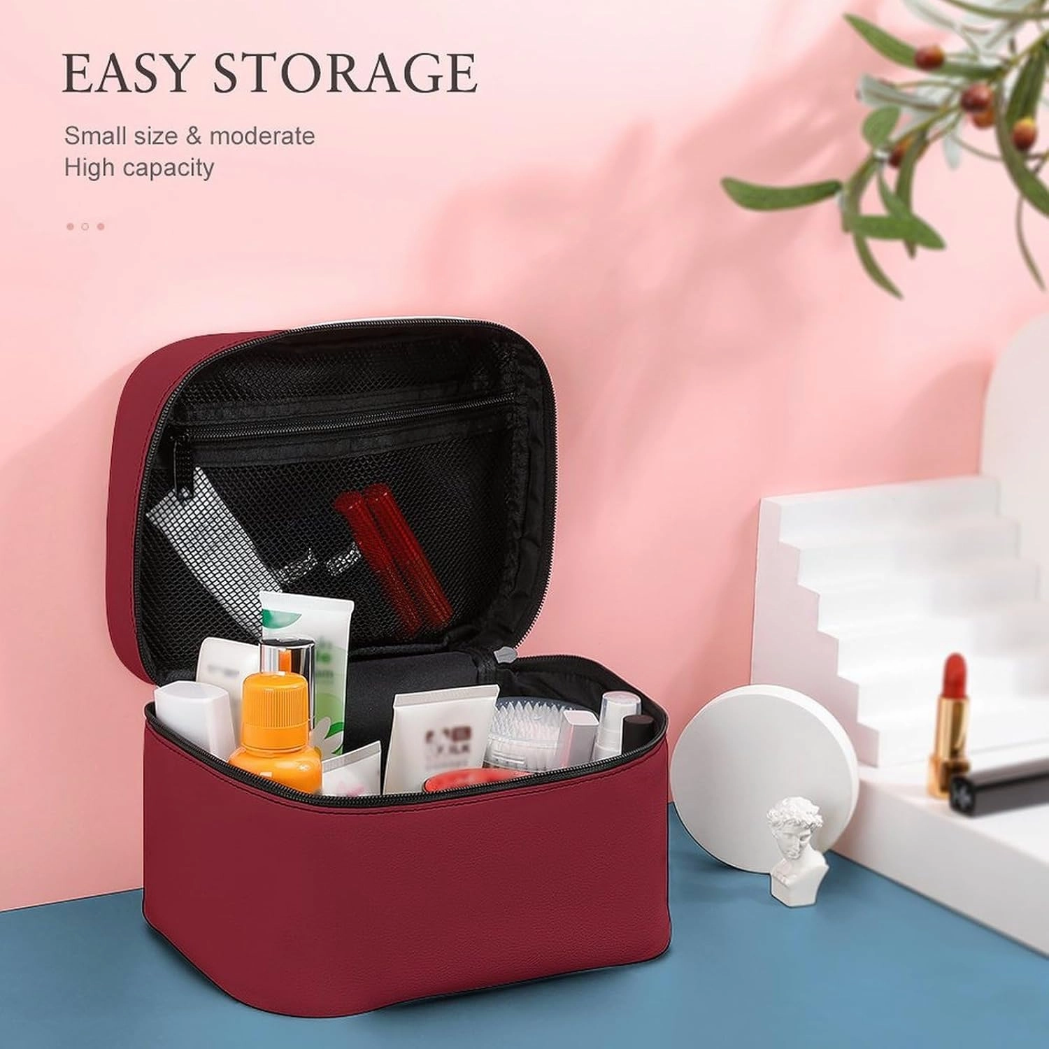 Travel Makeup Bag, Burgundy Red Cosmetic Bags for Women Large Capacity Waterproof Toiletry Bag Make up Organizer