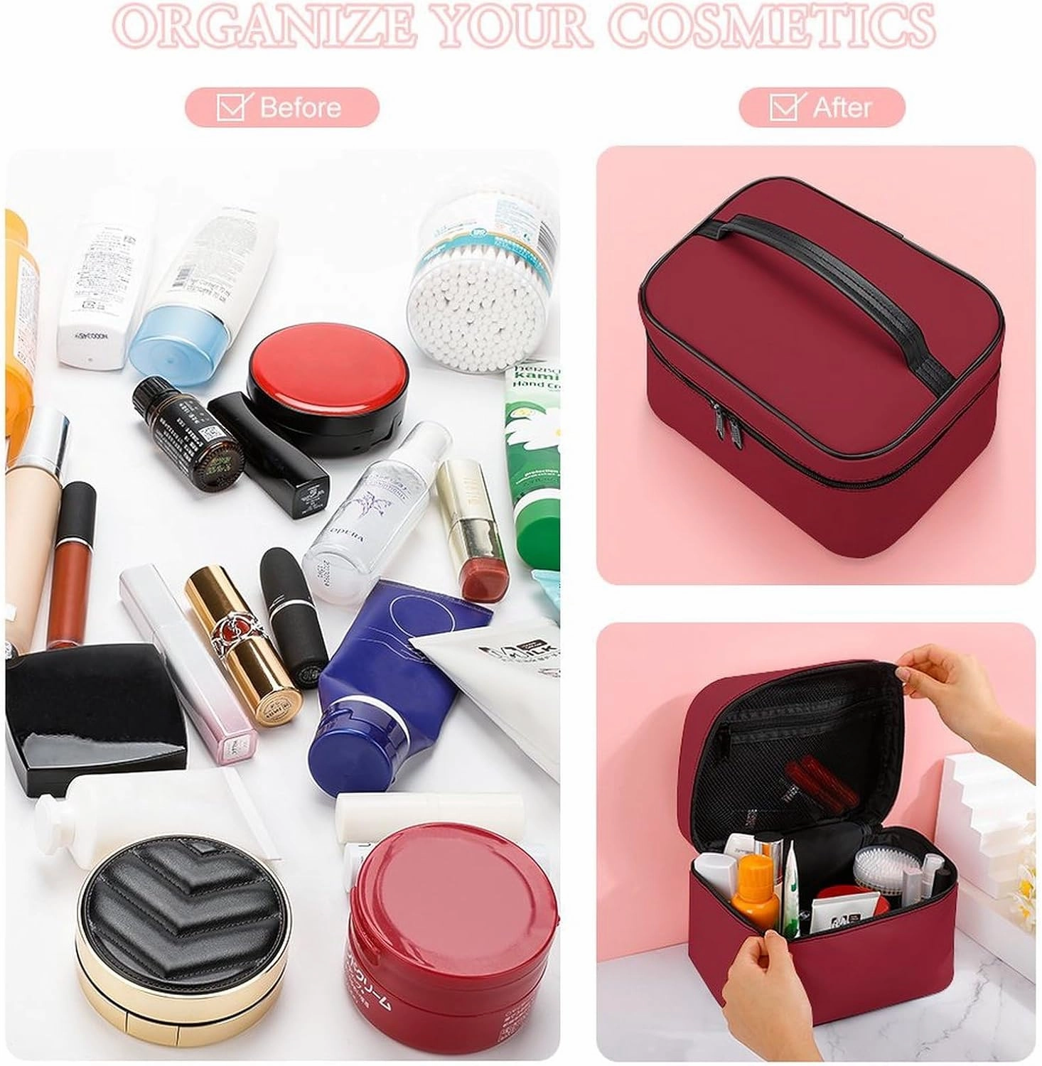 Travel Makeup Bag, Burgundy Red Cosmetic Bags for Women Large Capacity Waterproof Toiletry Bag Make up Organizer