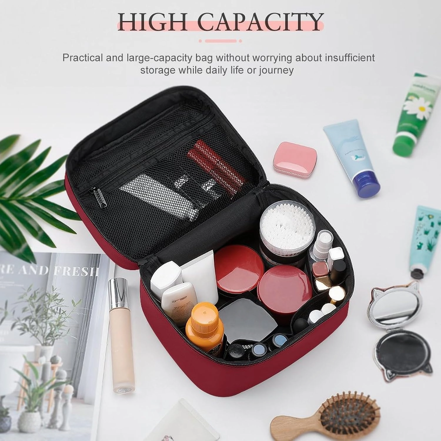 Travel Makeup Bag, Burgundy Red Cosmetic Bags for Women Large Capacity Waterproof Toiletry Bag Make up Organizer