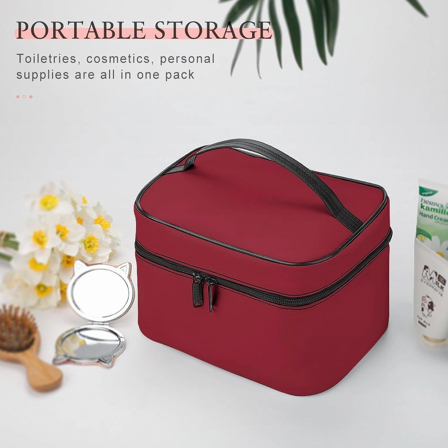 Travel Makeup Bag, Burgundy Red Cosmetic Bags for Women Large Capacity Waterproof Toiletry Bag Make up Organizer