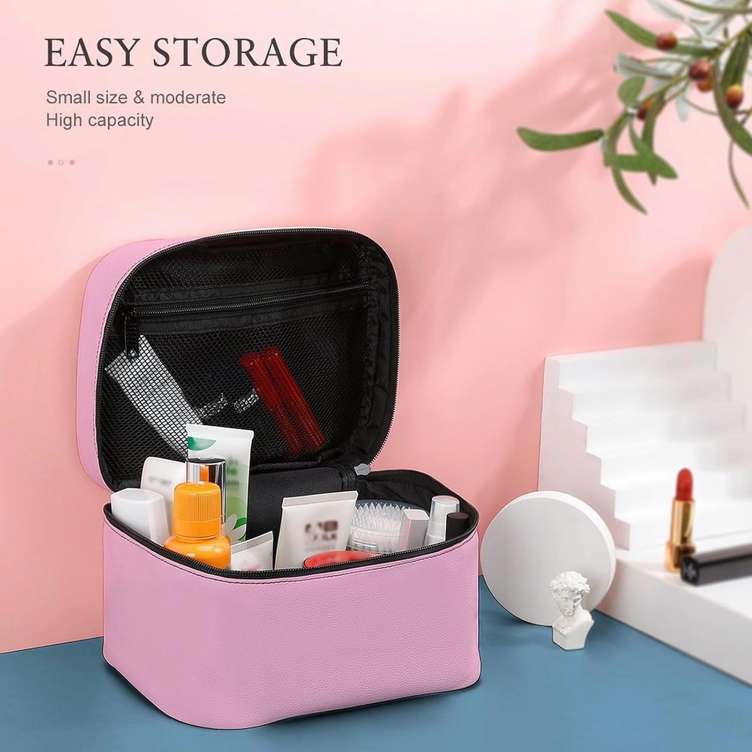Travel Makeup Bag, Candy Pink Modern Trendy Minimalist Cosmetic Bags for Women Large Capacity Waterproof Toiletry Bag Make up Organizer