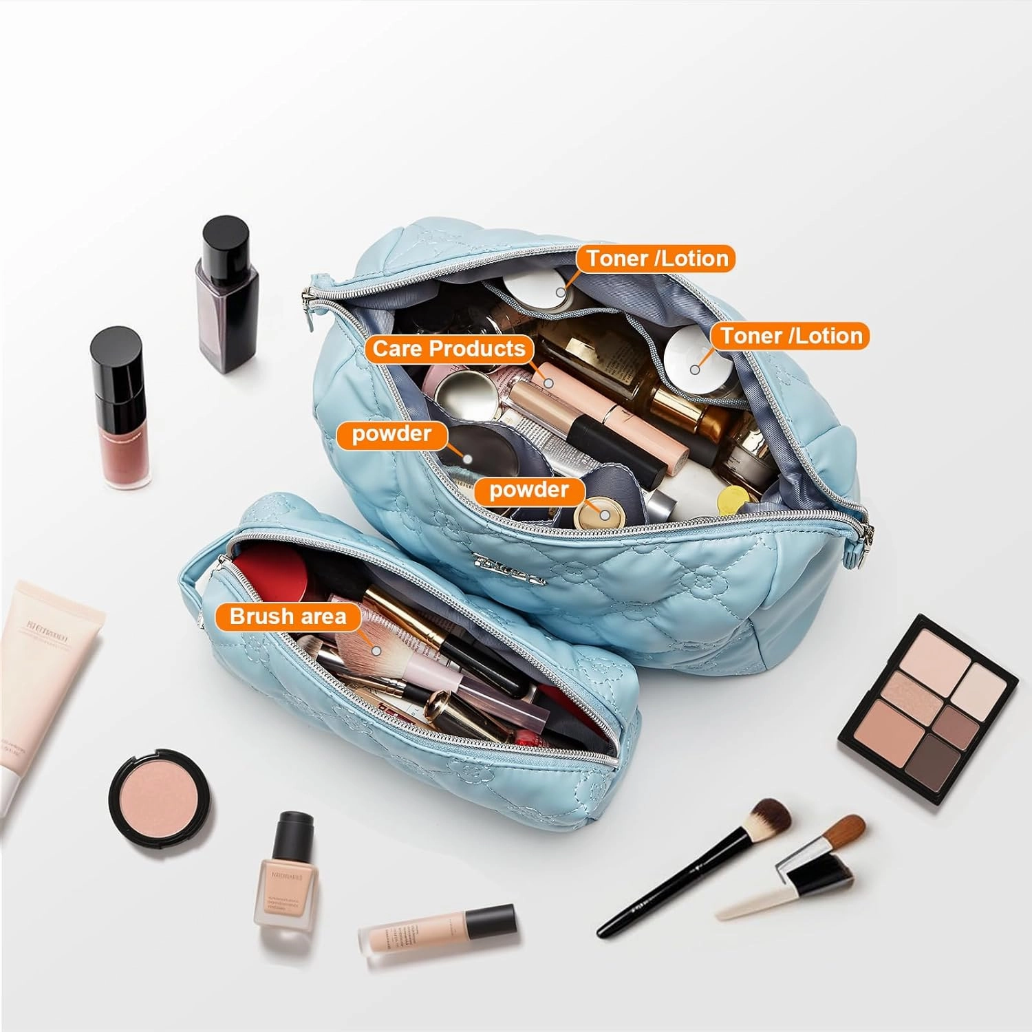Travel Makeup Bag Cosmetic Organizer: Small Make up Bag for Purse - Preppy Skincare Bags for Women - Cute Zipper Pouch Waterproof Toiletry Bags - Gifts for Girls Friends Teachers (Blue)