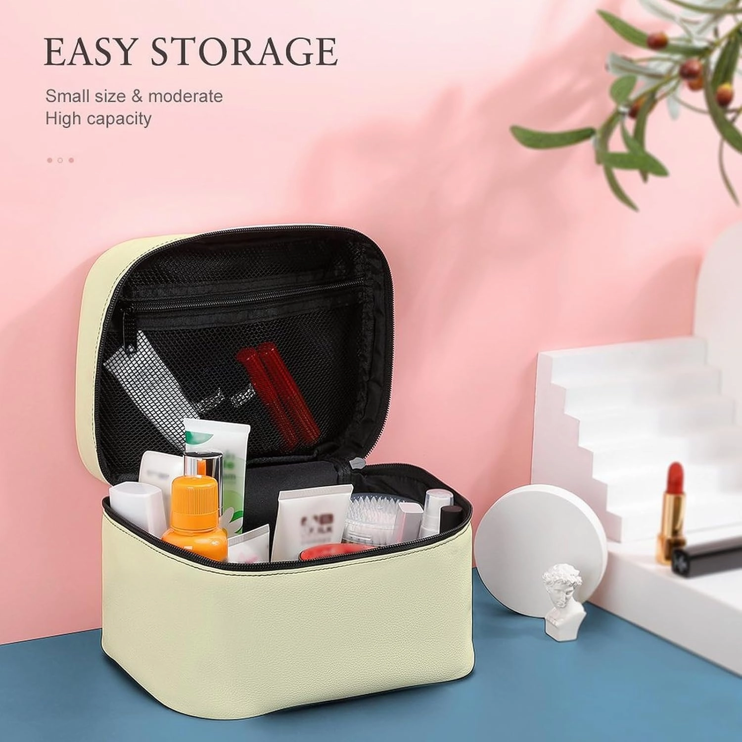 Travel Makeup Bag, Cream Yellow Modern Trendy Minimalist Cosmetic Bags for Women Large Capacity Waterproof Toiletry Bag Make up Organizer