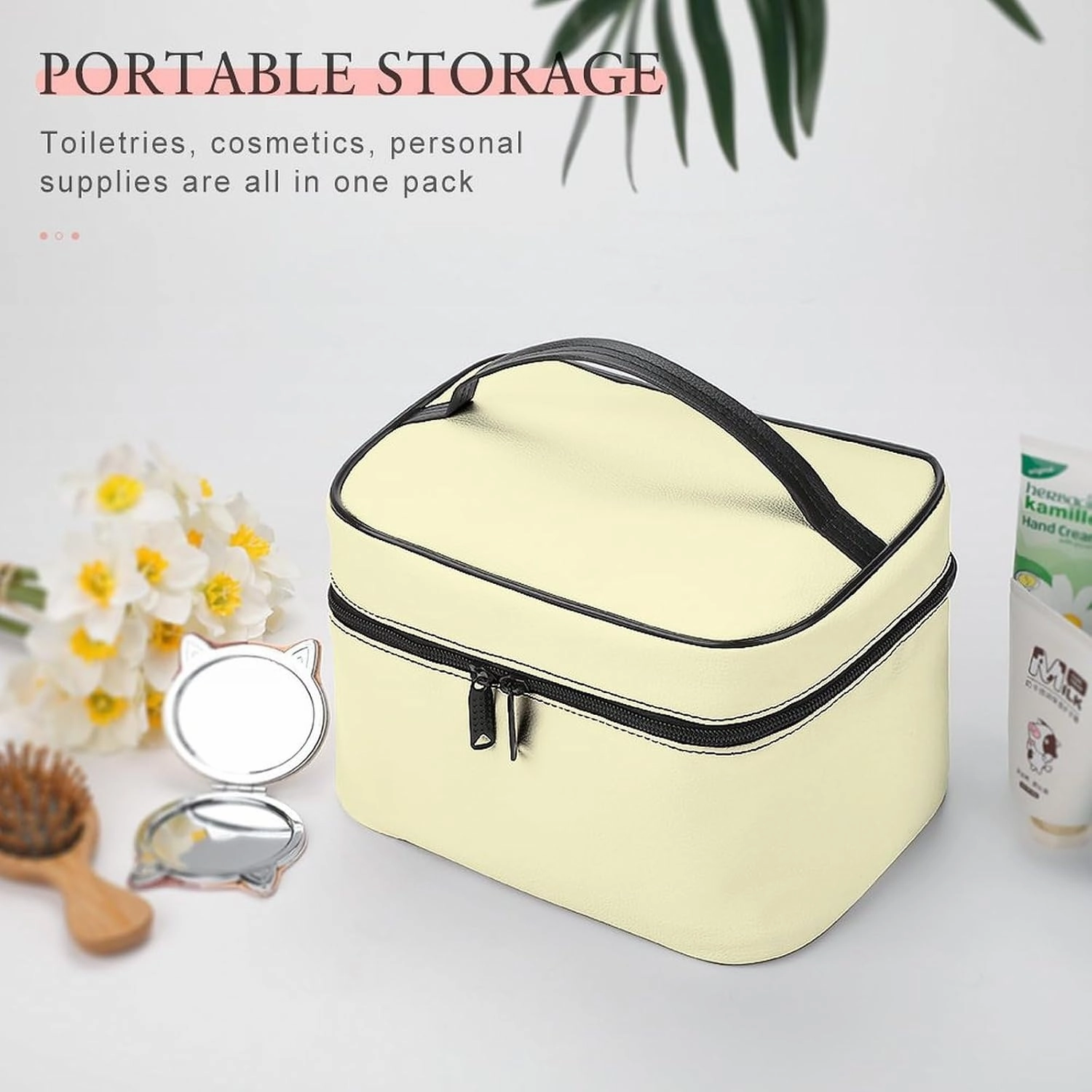 Travel Makeup Bag, Cream Yellow Modern Trendy Minimalist Cosmetic Bags for Women Large Capacity Waterproof Toiletry Bag Make up Organizer