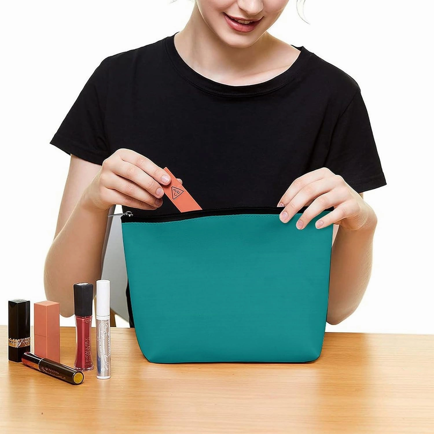 Travel Makeup Bag, Dark Green Blue Solid Color Background Cosmetic Bags for Women Large Capacity Waterproof Toiletry Pouch Make up Organizer