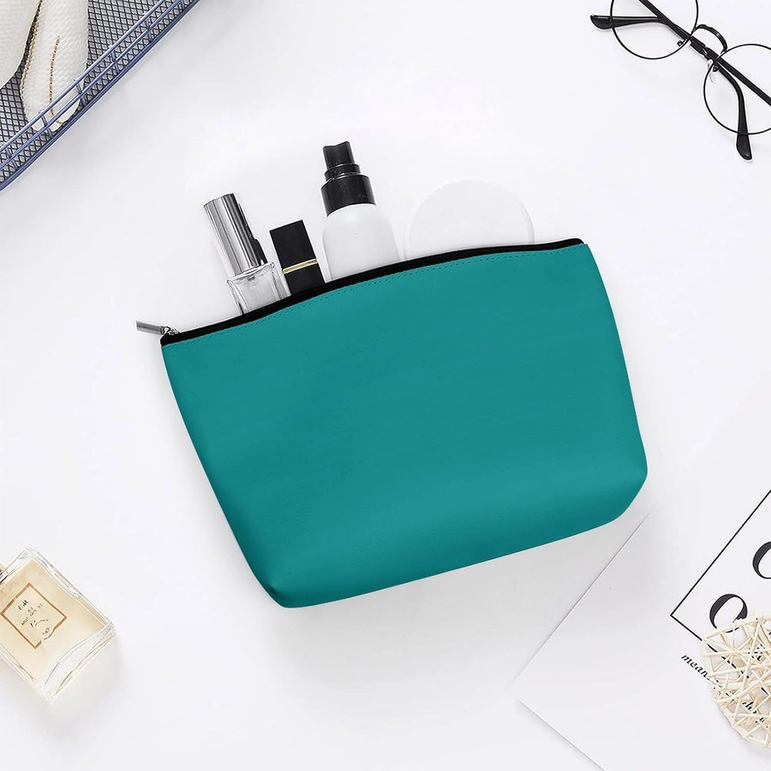 Travel Makeup Bag, Dark Green Blue Solid Color Background Cosmetic Bags for Women Large Capacity Waterproof Toiletry Pouch Make up Organizer