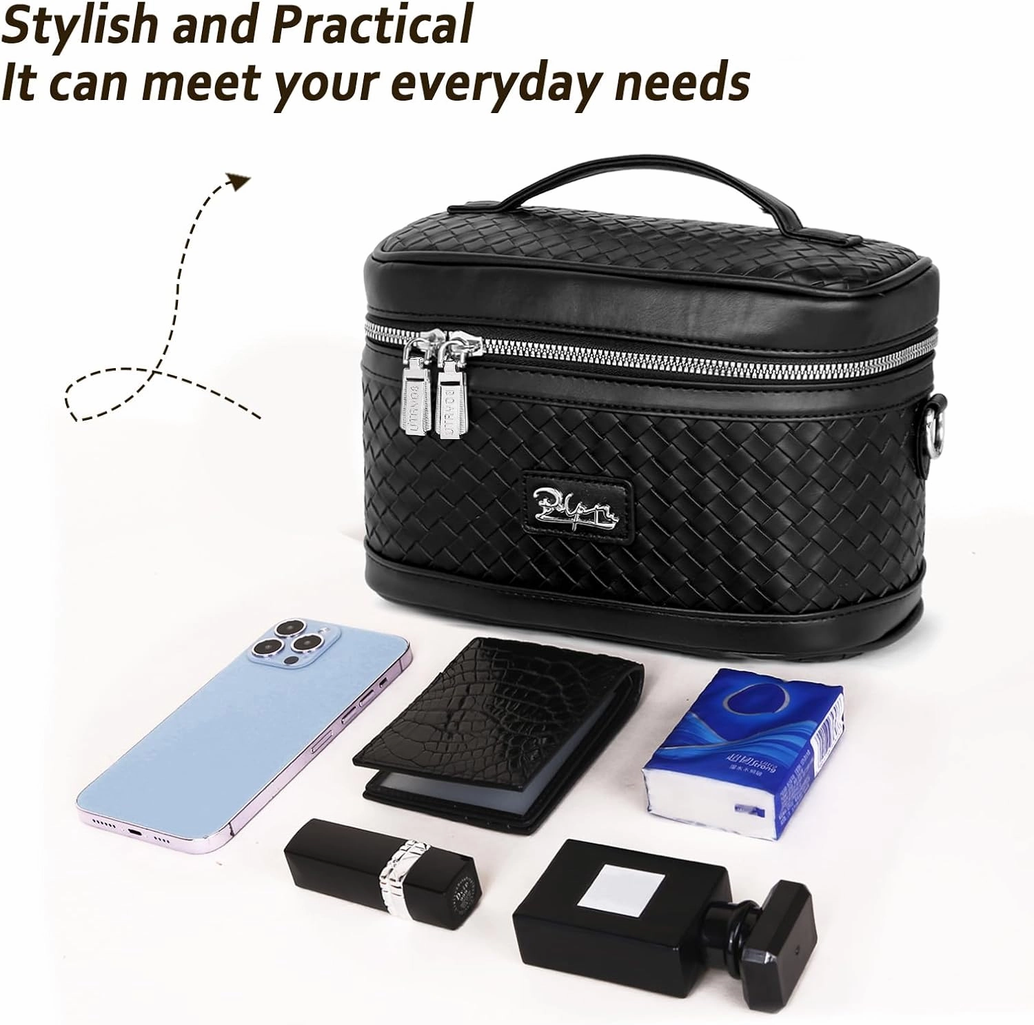 Travel Makeup Bag for Women: Large Capacity Cosmetic Bag Set of 2 - Vegan Leather Vanity Case with Mirror - Crossbody Waterproof Toiletry Bag Make up Organizer Case (Black)