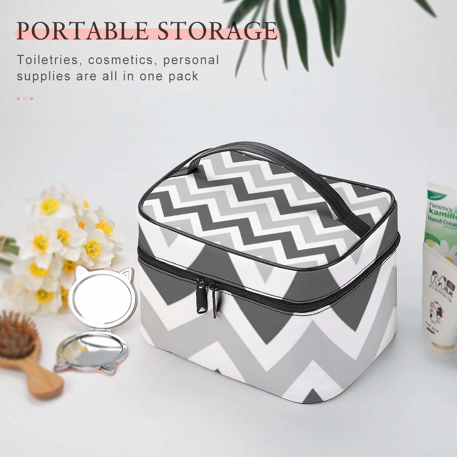 Travel Makeup Bag, Gray and Charcoal Chevron Cosmetic Bags for Women Large Capacity Waterproof Toiletry Bag Make up Organizer
