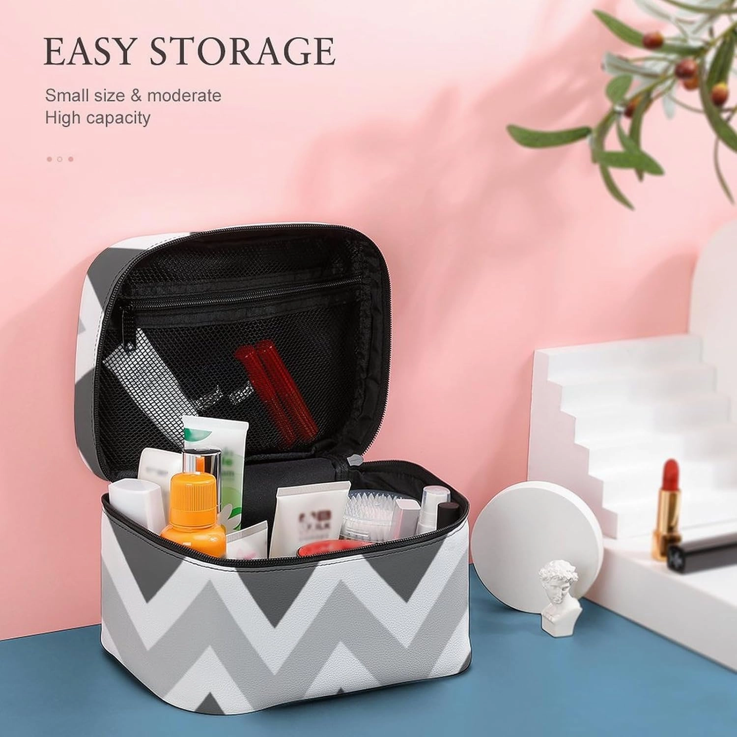 Travel Makeup Bag, Gray and Charcoal Chevron Cosmetic Bags for Women Large Capacity Waterproof Toiletry Bag Make up Organizer