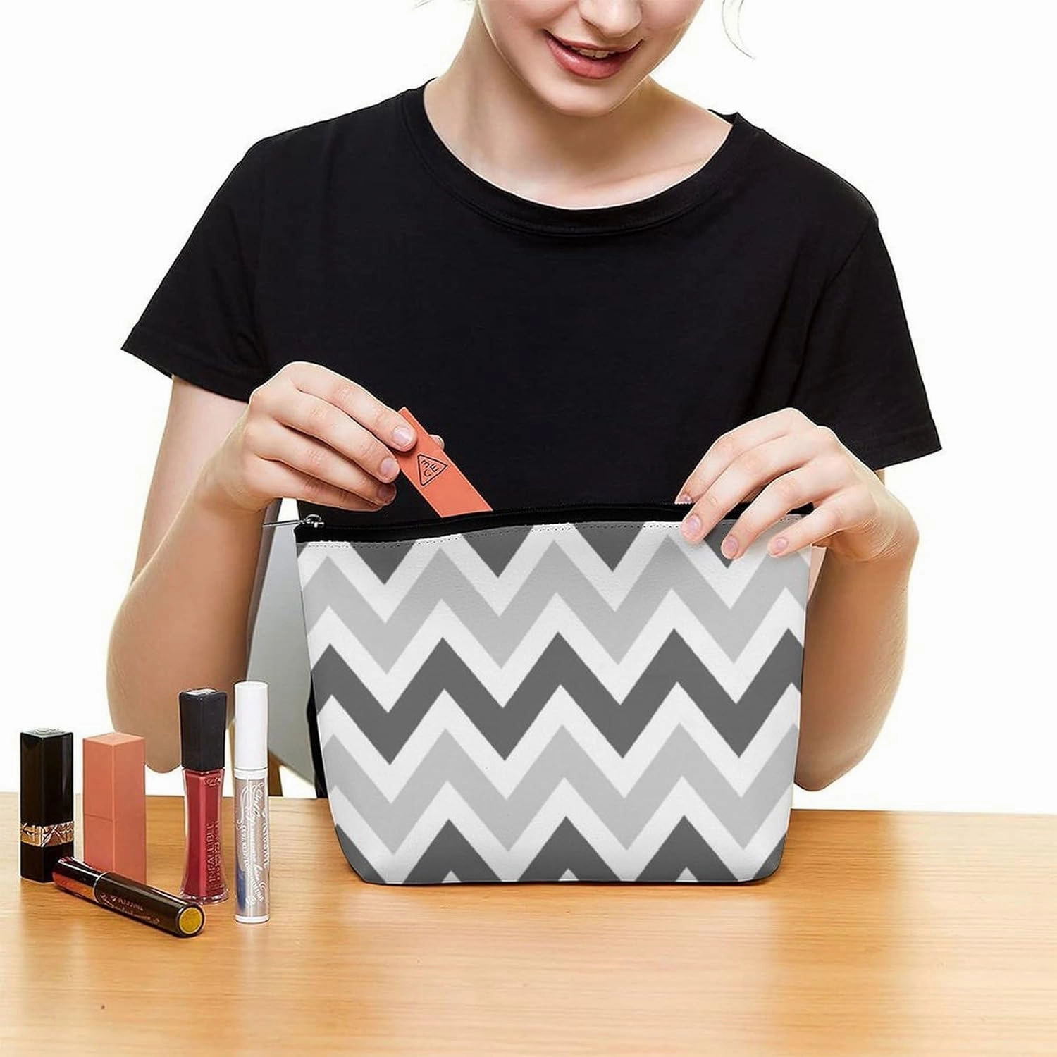 Travel Makeup Bag, Gray and Charcoal Chevron Cosmetic Bags for Women Large Capacity Waterproof Toiletry Pouch Make up Organizer