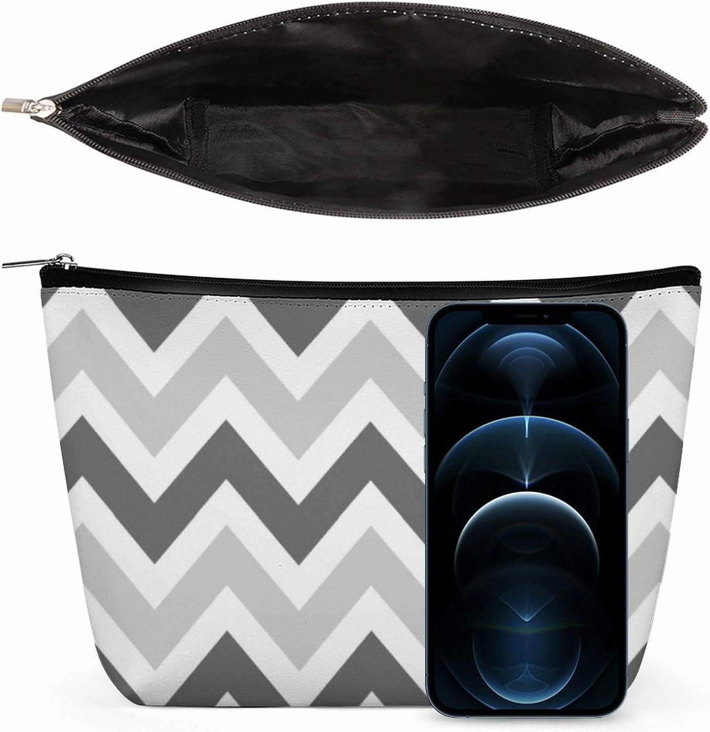 Travel Makeup Bag, Gray and Charcoal Chevron Cosmetic Bags for Women Large Capacity Waterproof Toiletry Pouch Make up Organizer