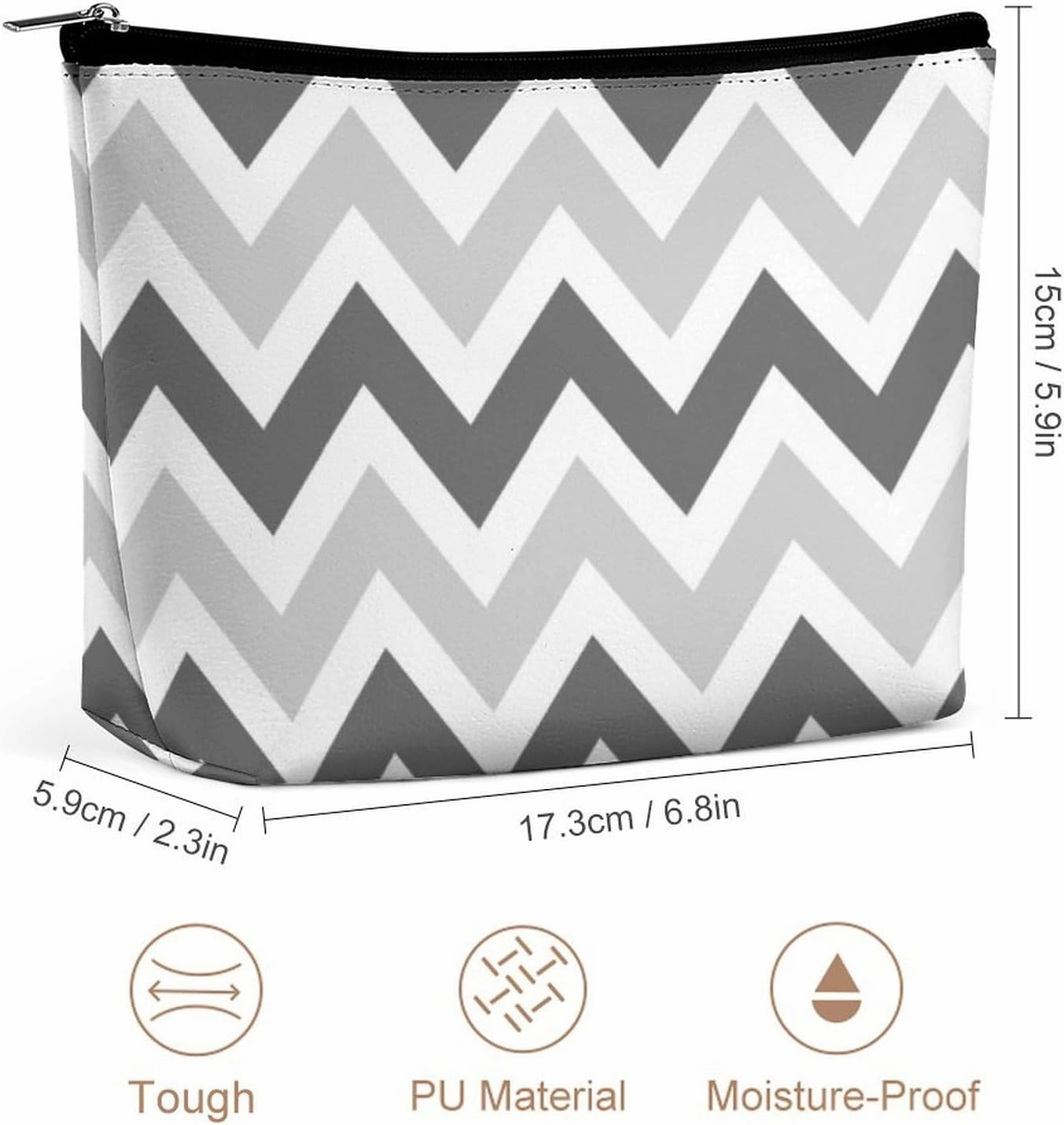 Travel Makeup Bag, Gray and Charcoal Chevron Cosmetic Bags for Women Large Capacity Waterproof Toiletry Pouch Make up Organizer