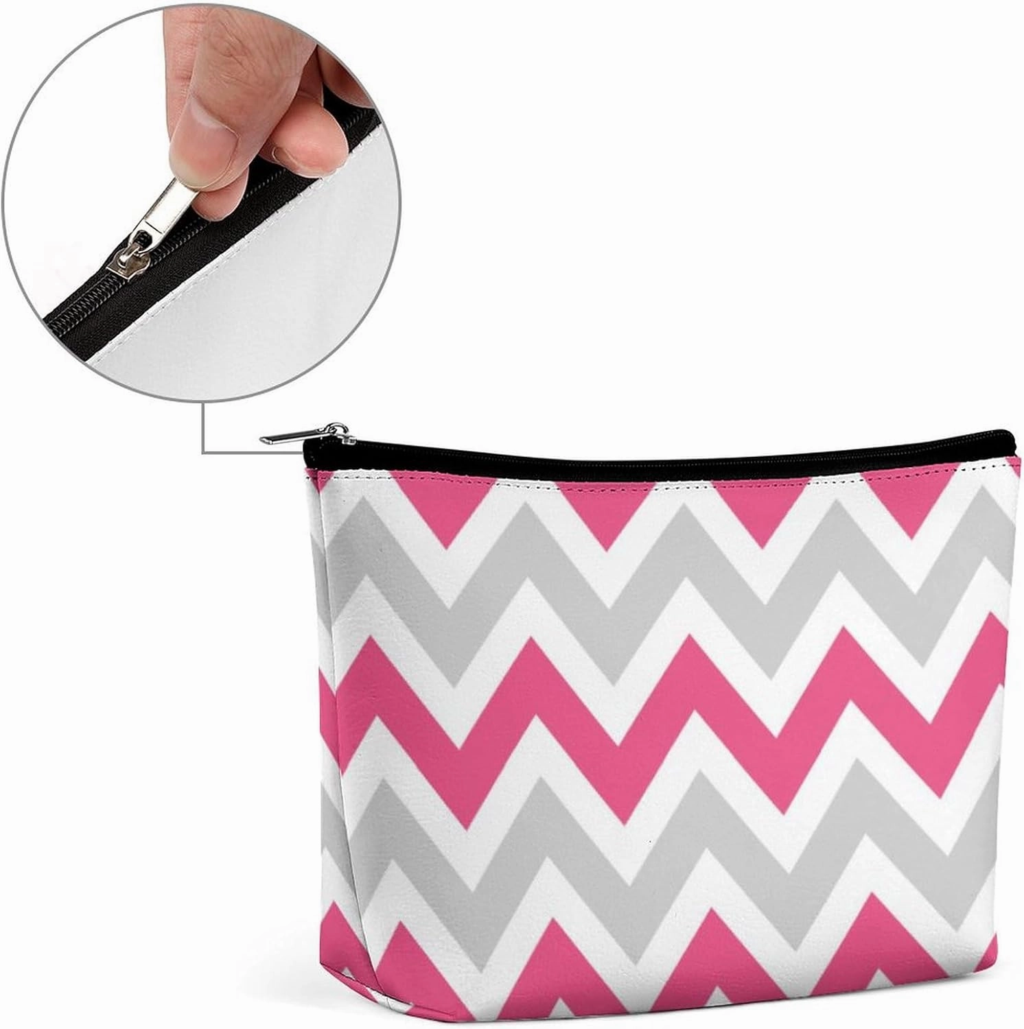 Travel Makeup Bag, Gray and Hot Pink Chevron Cosmetic Bags for Women Large Capacity Waterproof Toiletry Pouch Make up Organizer
