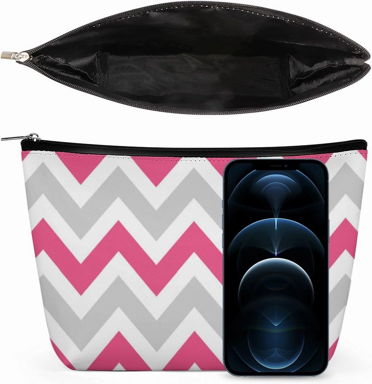 Travel Makeup Bag, Gray and Hot Pink Chevron Cosmetic Bags for Women Large Capacity Waterproof Toiletry Pouch Make up Organizer
