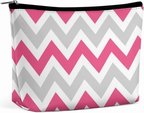 Travel Makeup Bag, Gray and Hot Pink Chevron Cosmetic Bags for Women Large Capacity Waterproof Toiletry Pouch Make up Organizer