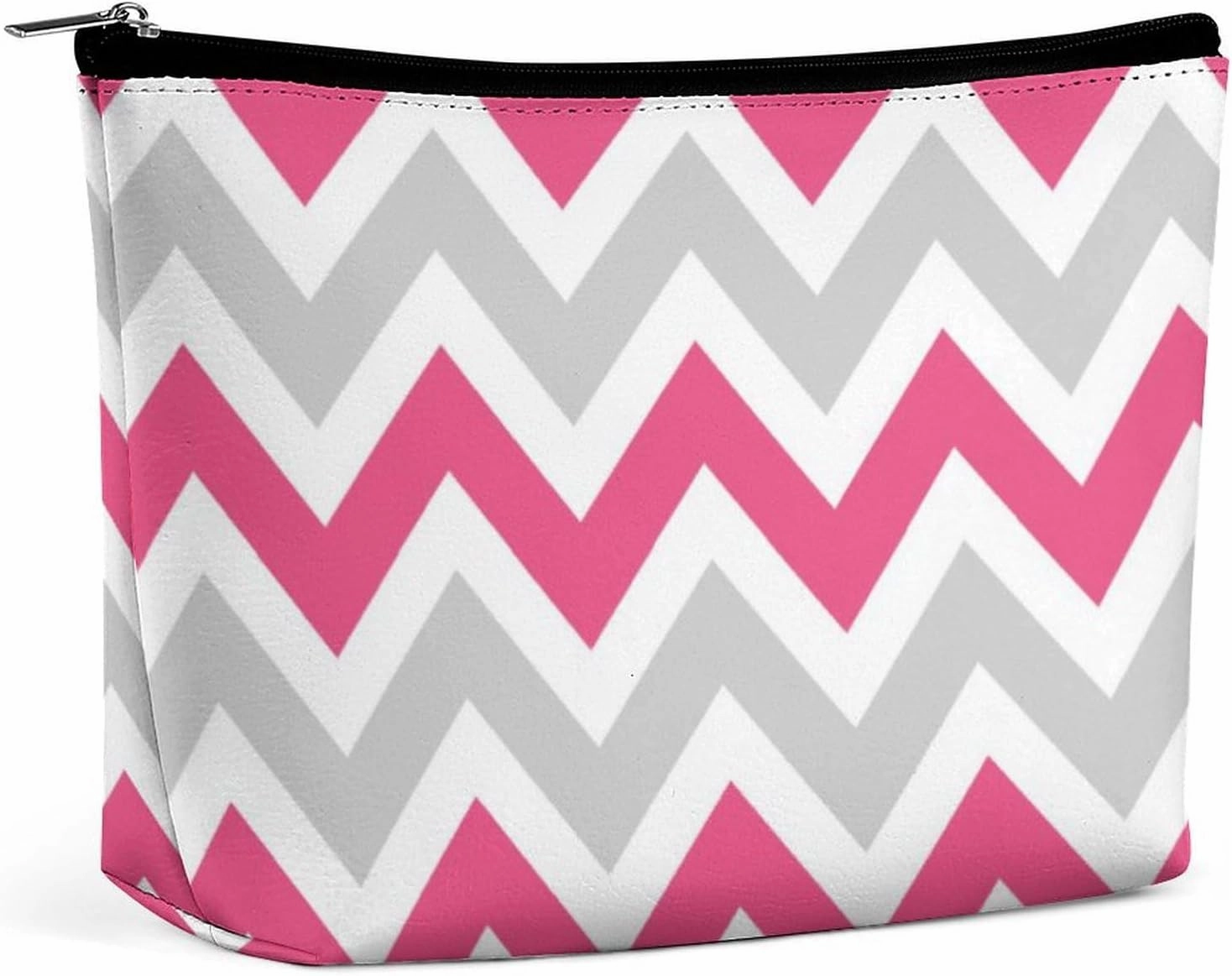 Travel Makeup Bag, Gray and Hot Pink Chevron Cosmetic Bags for Women Large Capacity Waterproof Toiletry Pouch Make up Organizer