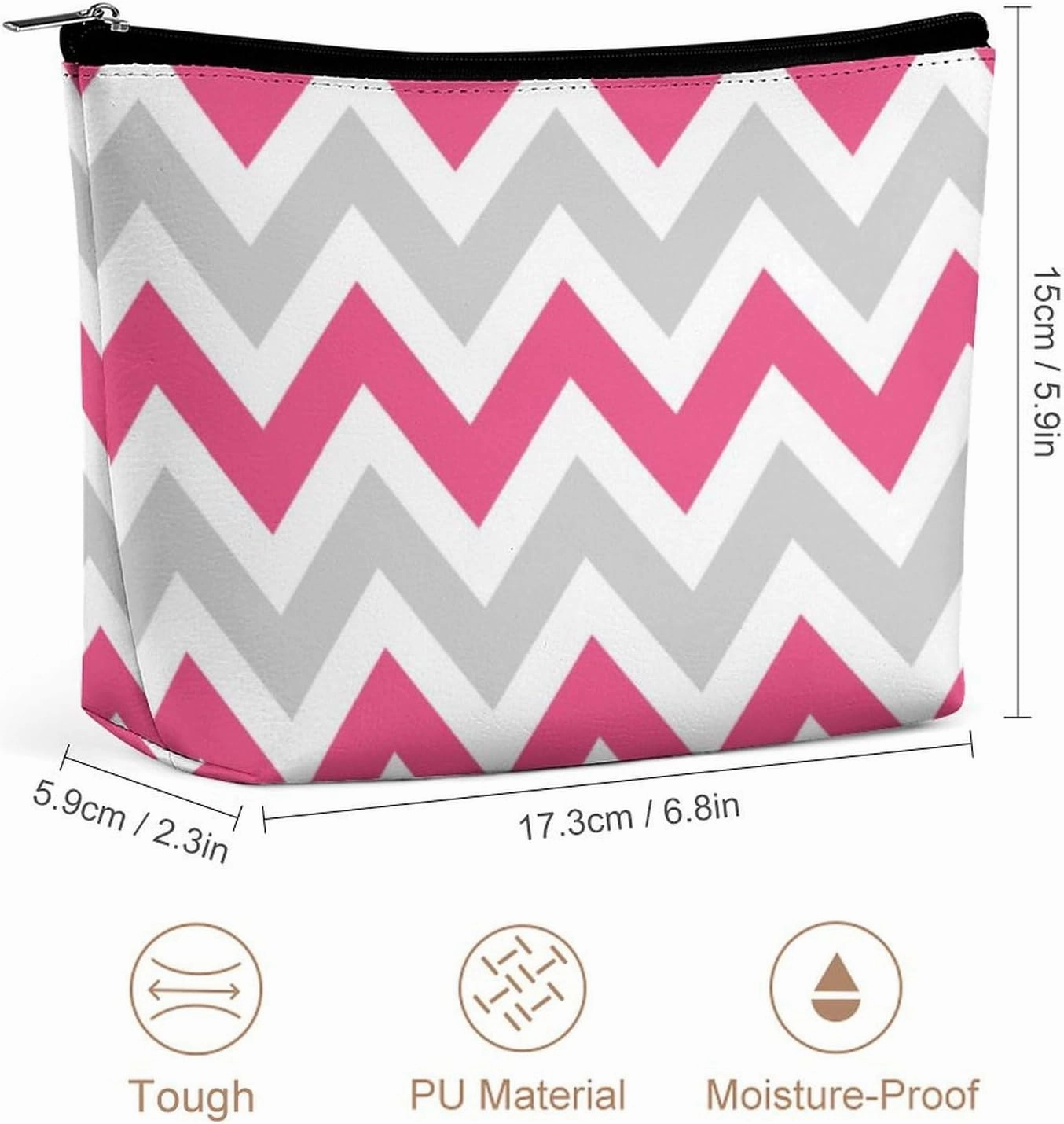 Travel Makeup Bag, Gray and Hot Pink Chevron Cosmetic Bags for Women Large Capacity Waterproof Toiletry Pouch Make up Organizer