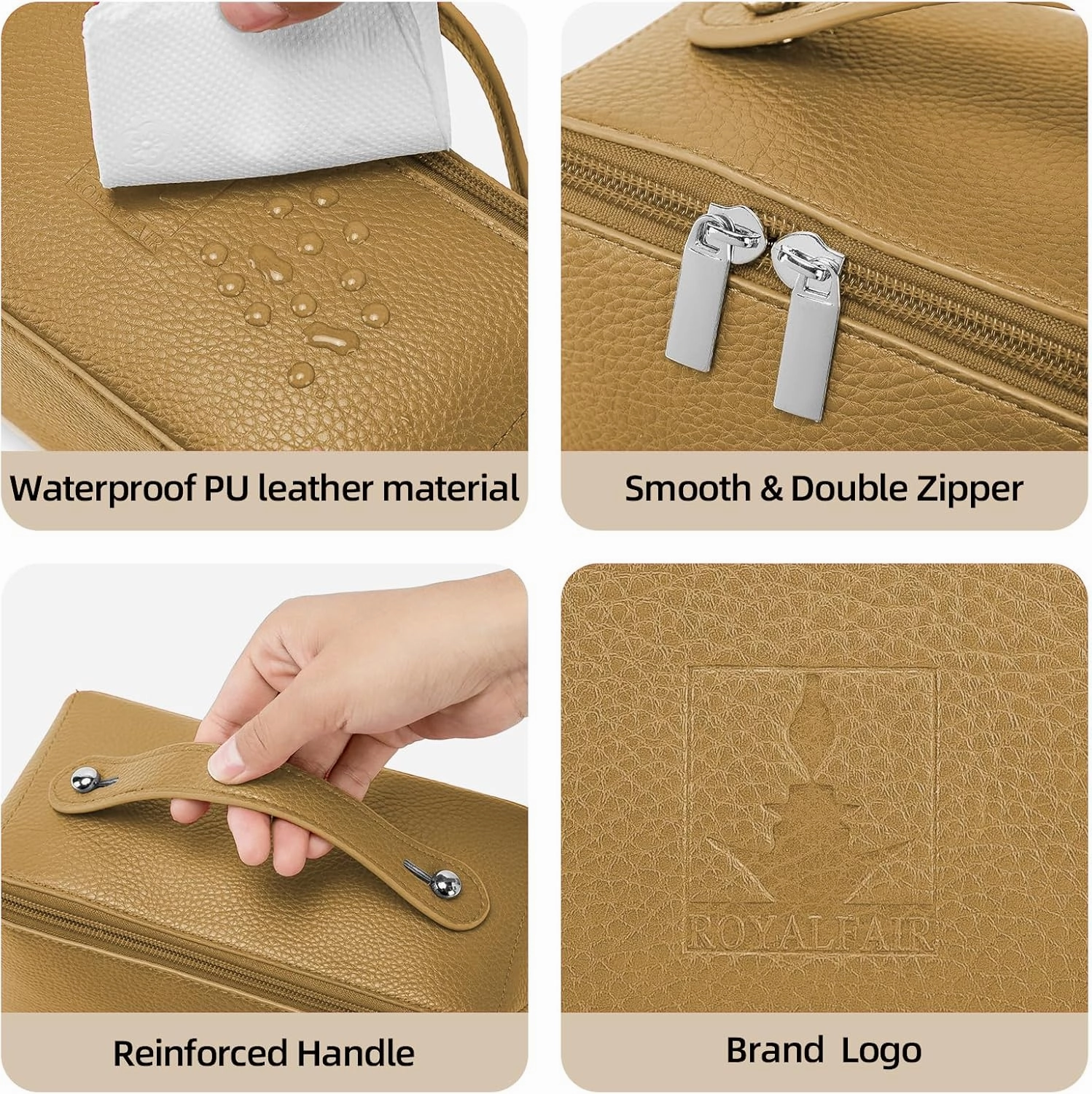 Travel Makeup Bag,Large Capacity Cosmetic Bags for Women, PU Leather Waterproof Portable Pouch Open Flat Toiletry Bag Make up Organizer with Divider and Handle (golden)