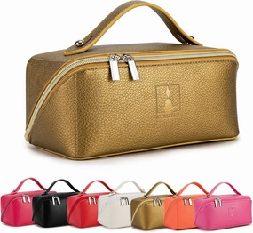 Travel Makeup Bag,Large Capacity Cosmetic Bags for Women, PU Leather Waterproof Portable Pouch Open Flat Toiletry Bag Make up Organizer with Divider and Handle (golden)