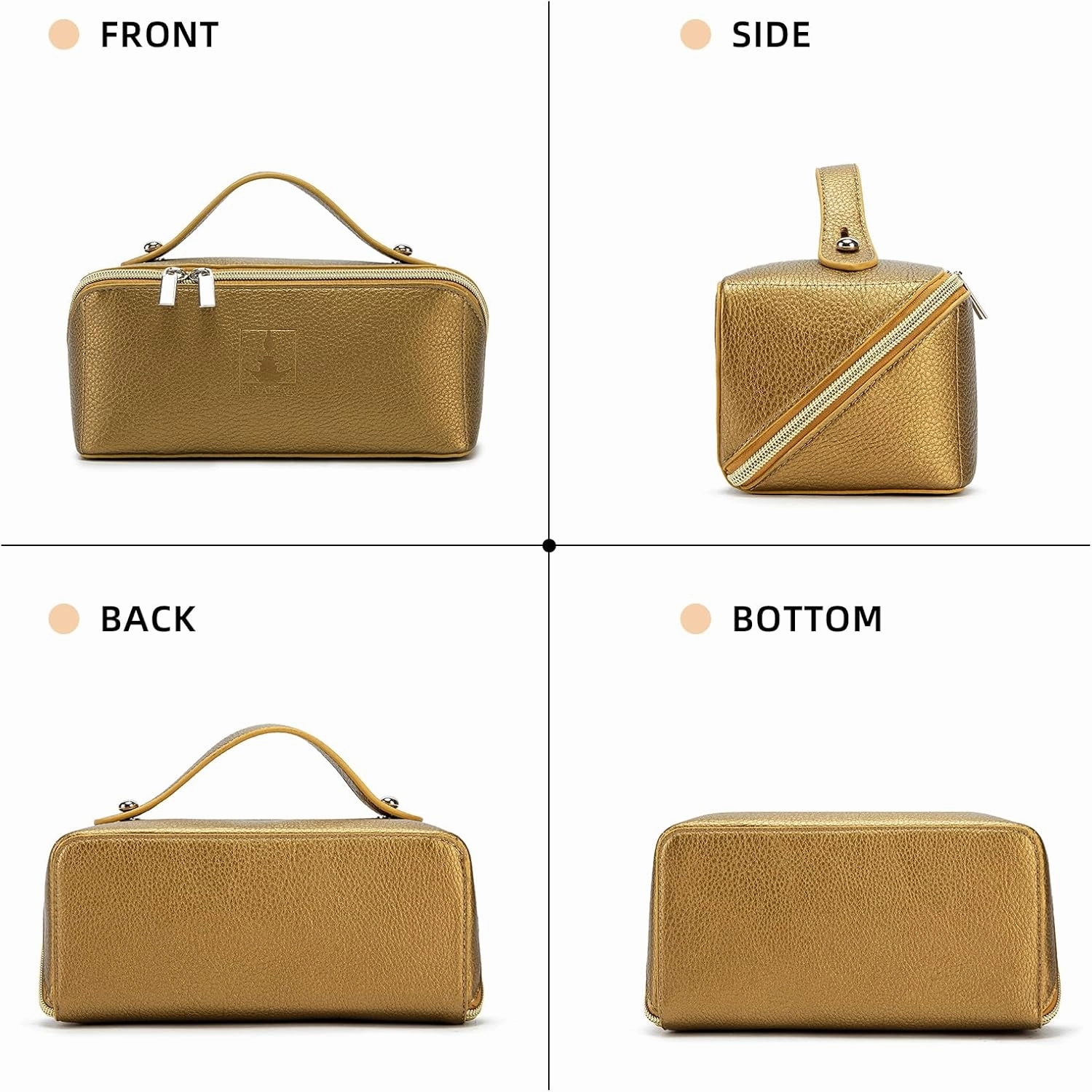 Travel Makeup Bag,Large Capacity Cosmetic Bags for Women, PU Leather Waterproof Portable Pouch Open Flat Toiletry Bag Make up Organizer with Divider and Handle (golden)