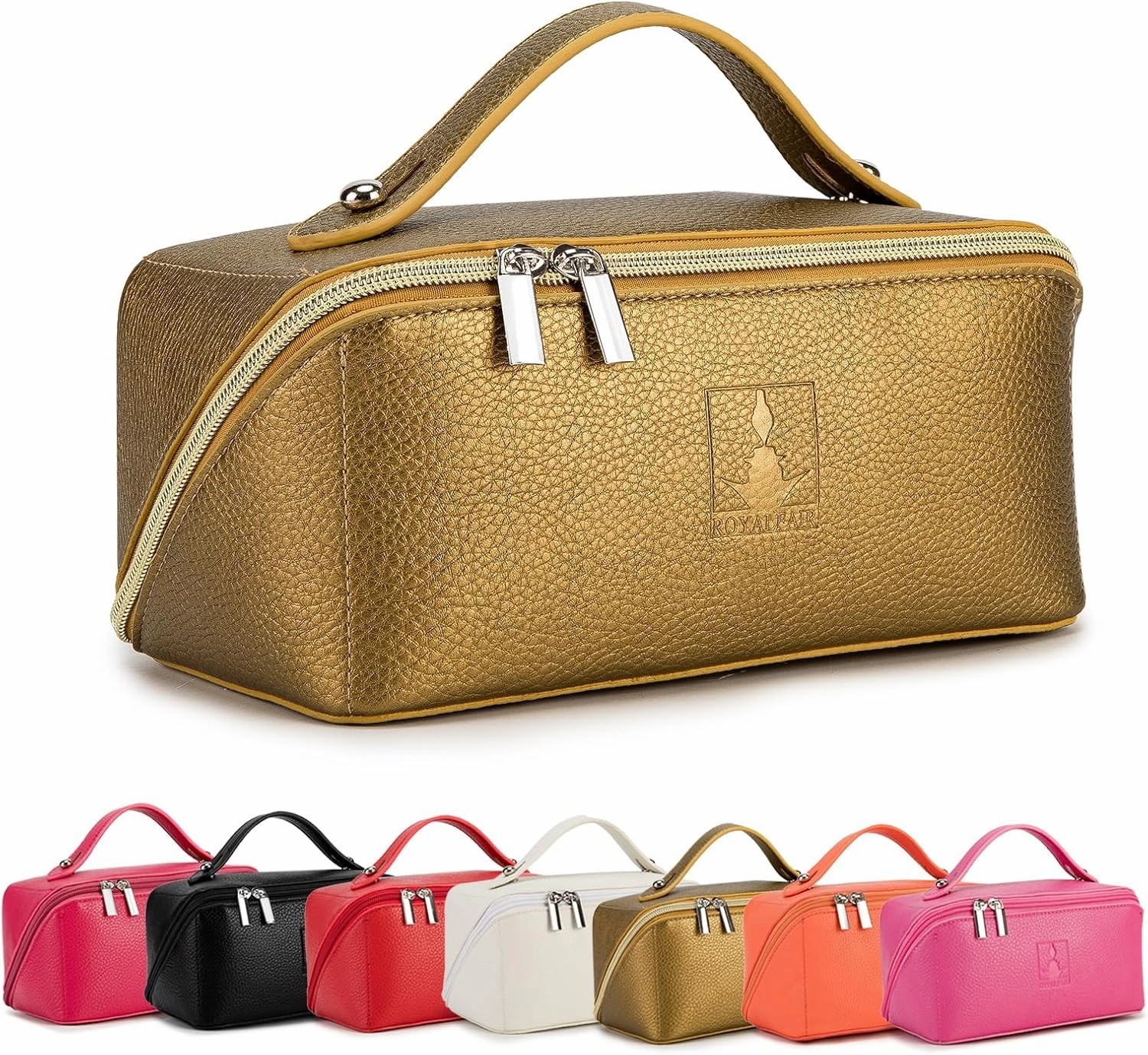 Travel Makeup Bag,Large Capacity Cosmetic Bags for Women, PU Leather Waterproof Portable Pouch Open Flat Toiletry Bag Make up Organizer with Divider and Handle (golden)