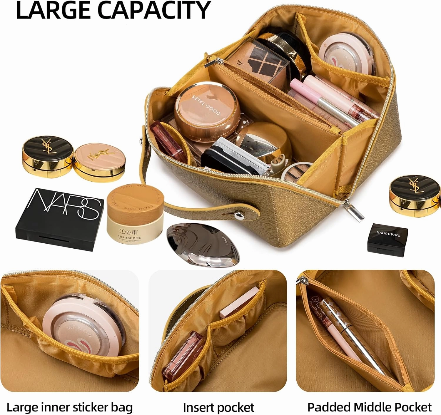 Travel Makeup Bag,Large Capacity Cosmetic Bags for Women, PU Leather Waterproof Portable Pouch Open Flat Toiletry Bag Make up Organizer with Divider and Handle (golden)