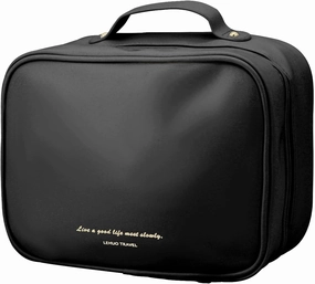 Travel Makeup Bag Large Capacity Cosmetic Organizer Waterproof Leather Toiletry Bag with Brush Holder and Handle Portable Cosmetic Storage Bag for Women Girls Gift - Black