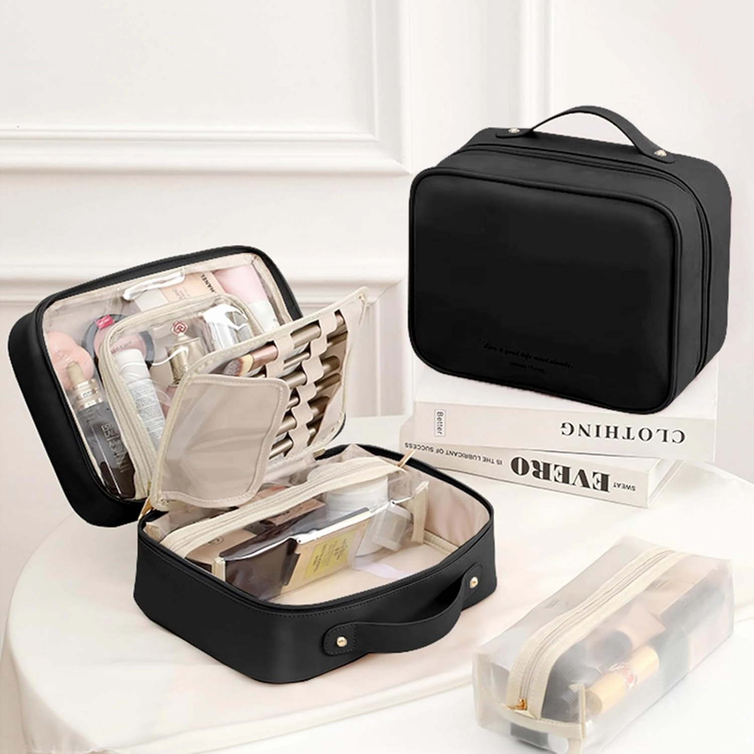 Travel Makeup Bag Large Capacity Cosmetic Organizer Waterproof Leather Toiletry Bag with Brush Holder and Handle Portable Cosmetic Storage Bag for Women Girls Gift - Black