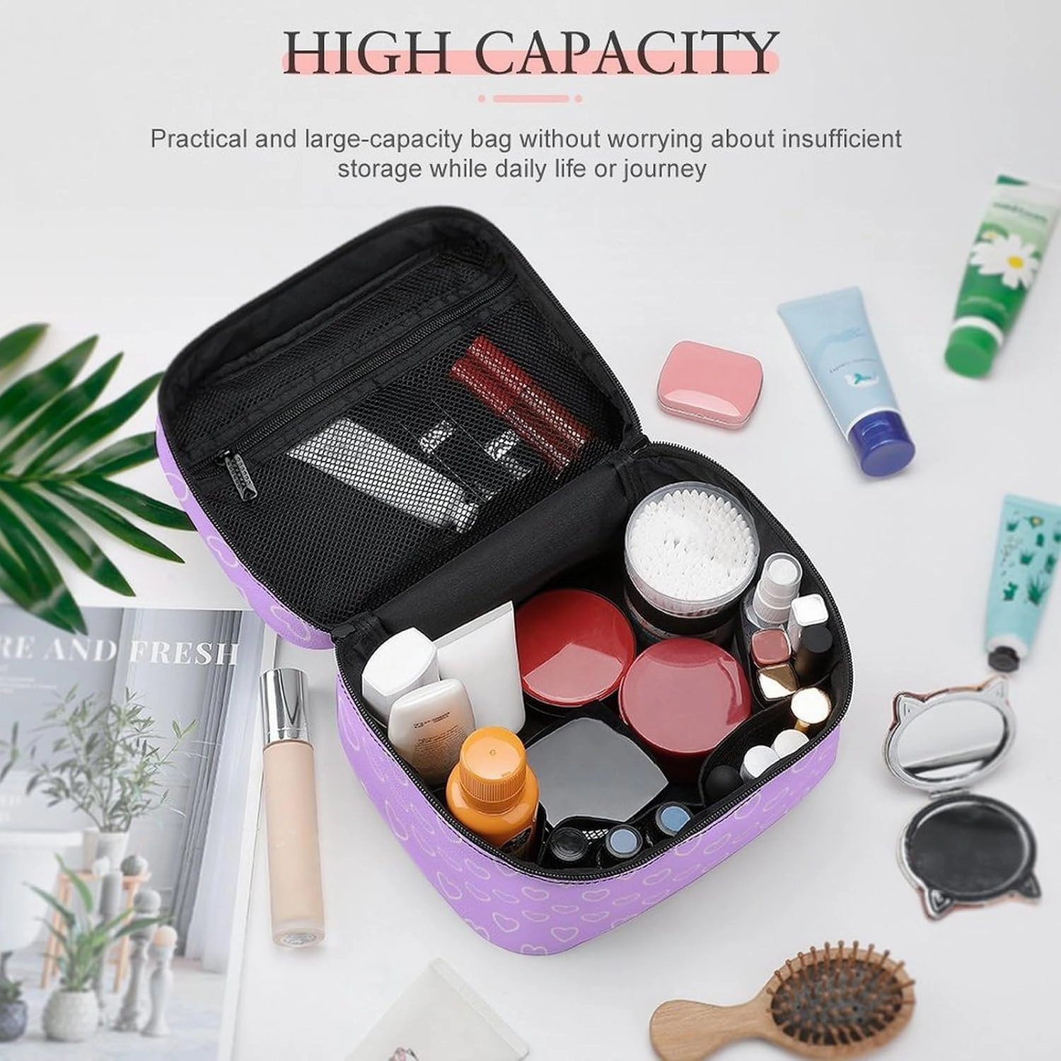 Travel Makeup Bag, Lilac Hearts Cosmetic Bags for Women Large Capacity Waterproof Toiletry Bag Make up Organizer