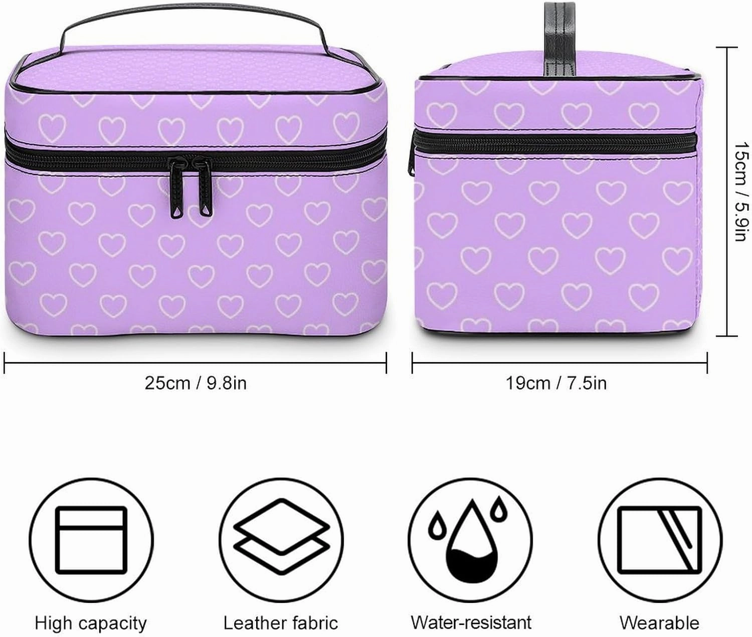 Travel Makeup Bag, Lilac Hearts Cosmetic Bags for Women Large Capacity Waterproof Toiletry Bag Make up Organizer