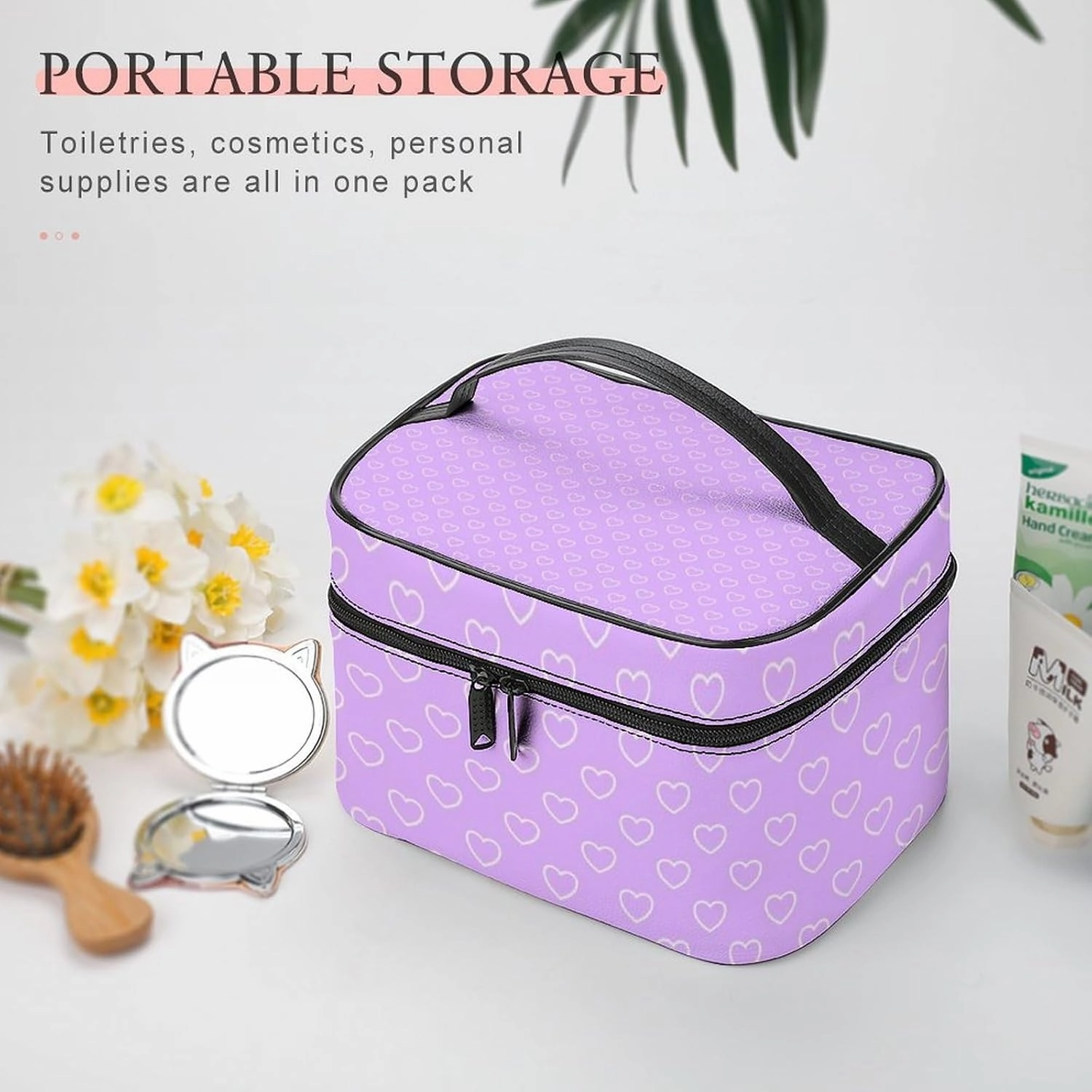 Travel Makeup Bag, Lilac Hearts Cosmetic Bags for Women Large Capacity Waterproof Toiletry Bag Make up Organizer