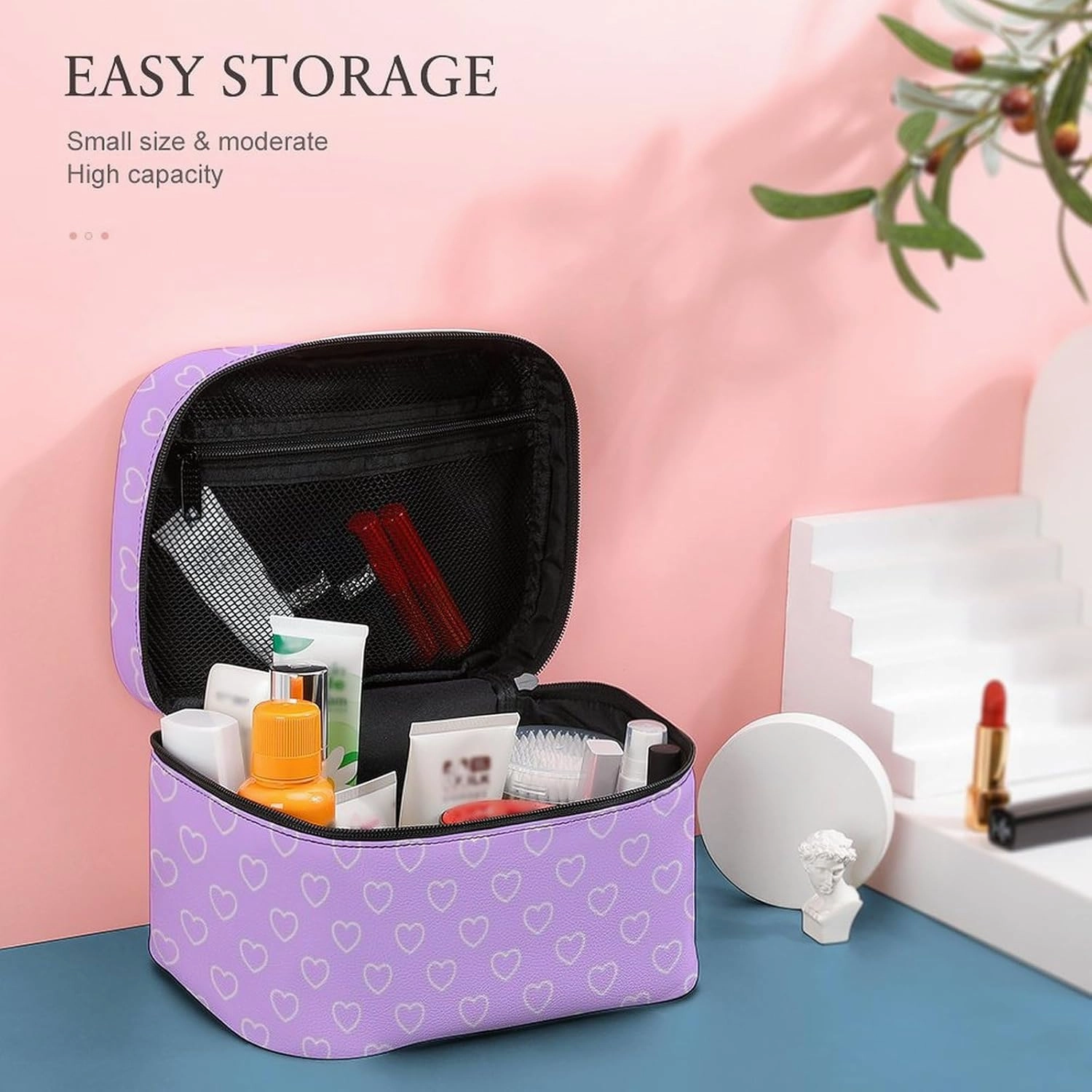 Travel Makeup Bag, Lilac Hearts Cosmetic Bags for Women Large Capacity Waterproof Toiletry Bag Make up Organizer