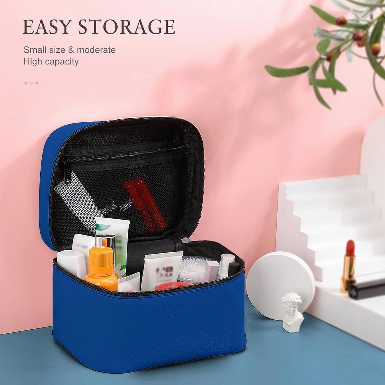 Travel Makeup Bag, Minimalist Blue Solid Plain Simple Cosmetic Bags for Women Large Capacity Waterproof Toiletry Bag Make up Organizer
