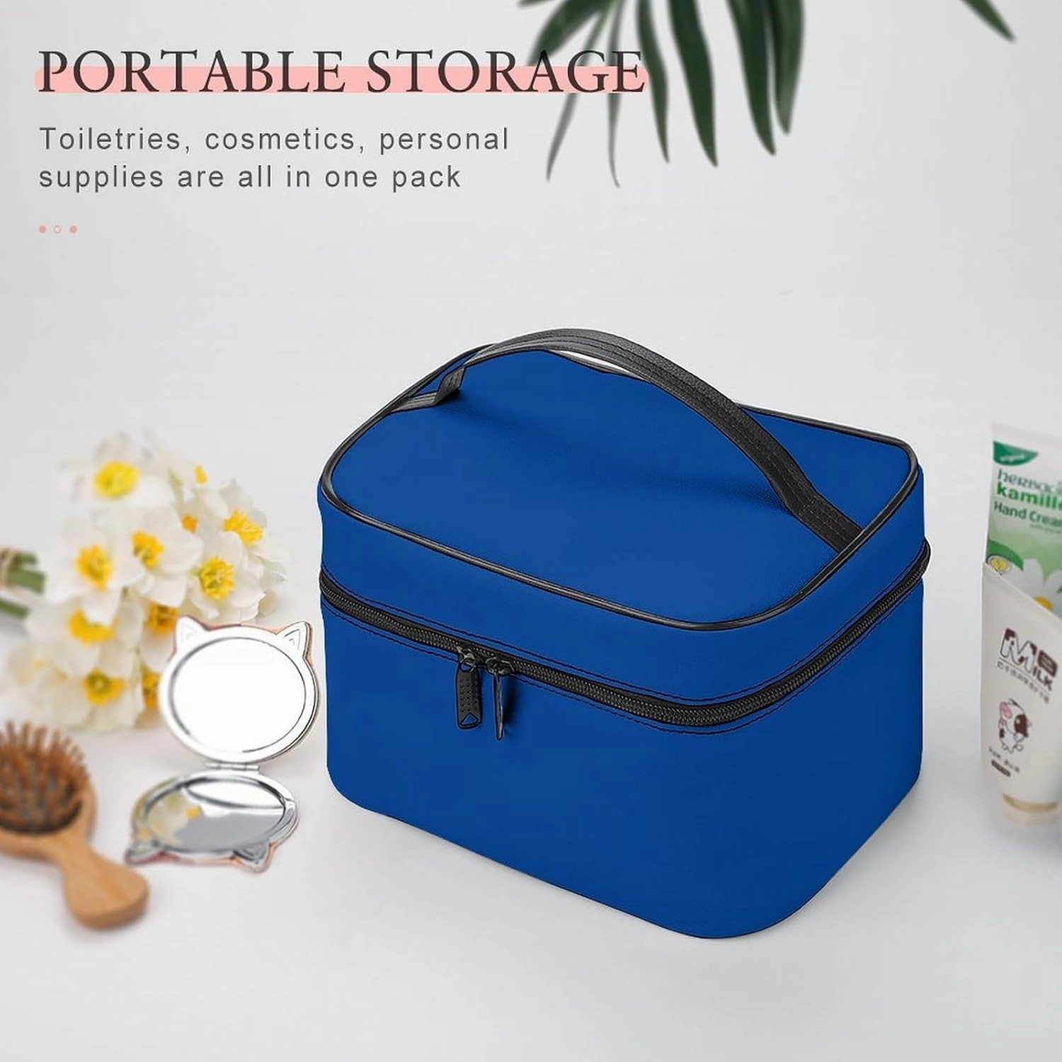 Travel Makeup Bag, Minimalist Blue Solid Plain Simple Cosmetic Bags for Women Large Capacity Waterproof Toiletry Bag Make up Organizer