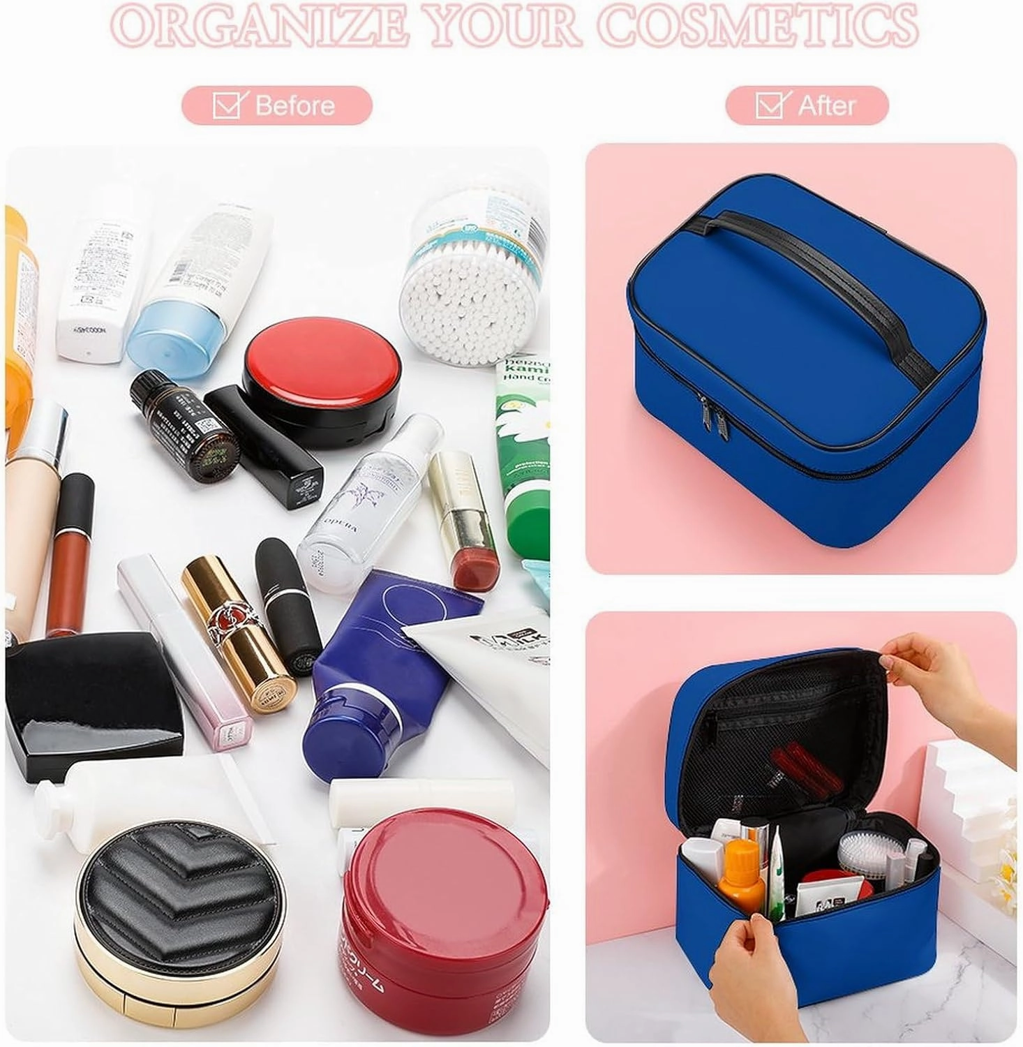 Travel Makeup Bag, Minimalist Blue Solid Plain Simple Cosmetic Bags for Women Large Capacity Waterproof Toiletry Bag Make up Organizer