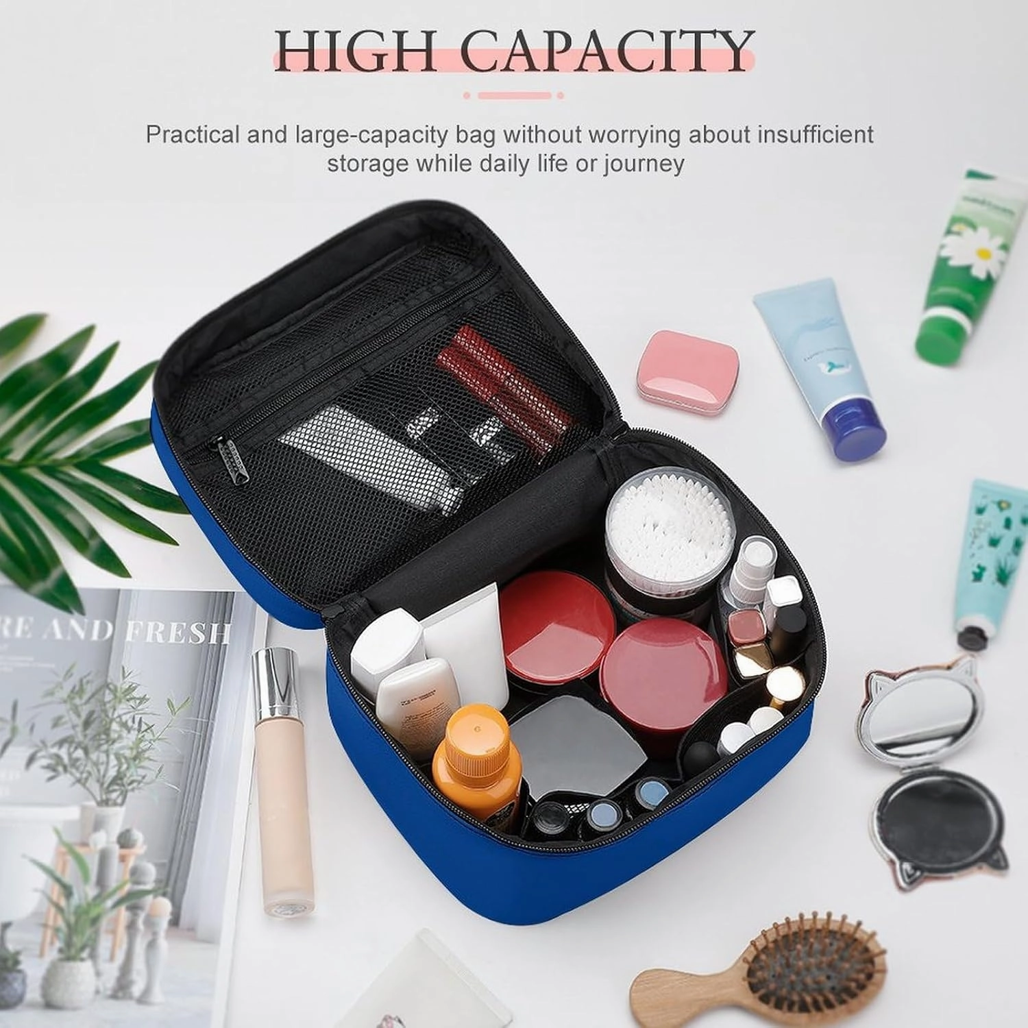 Travel Makeup Bag, Minimalist Blue Solid Plain Simple Cosmetic Bags for Women Large Capacity Waterproof Toiletry Bag Make up Organizer